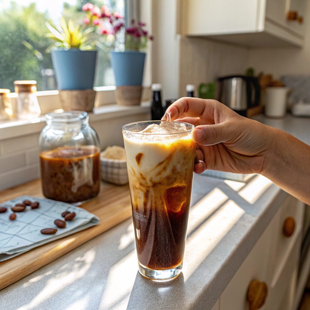 a glass of iced Bru cold brew coffee