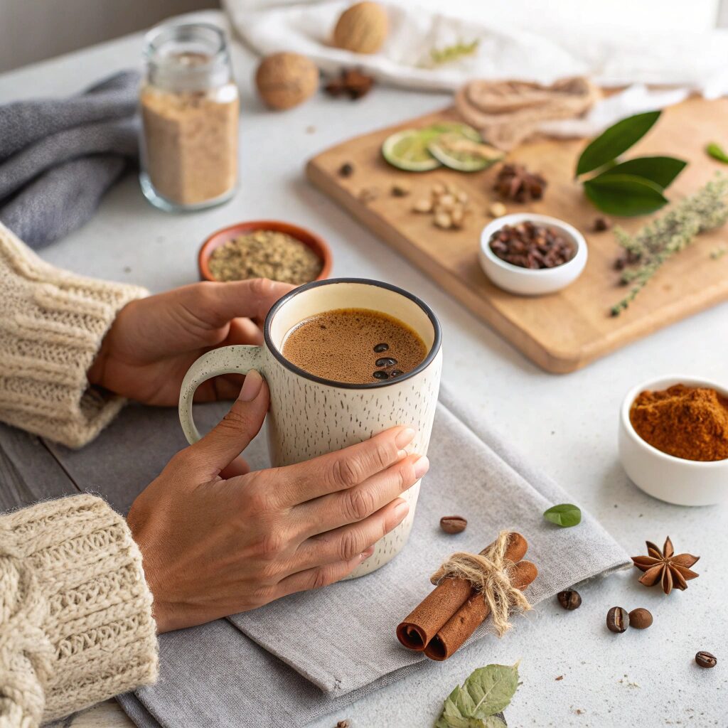 holding a warm coffee mug with a coffee elixir, set in a cozy home environment