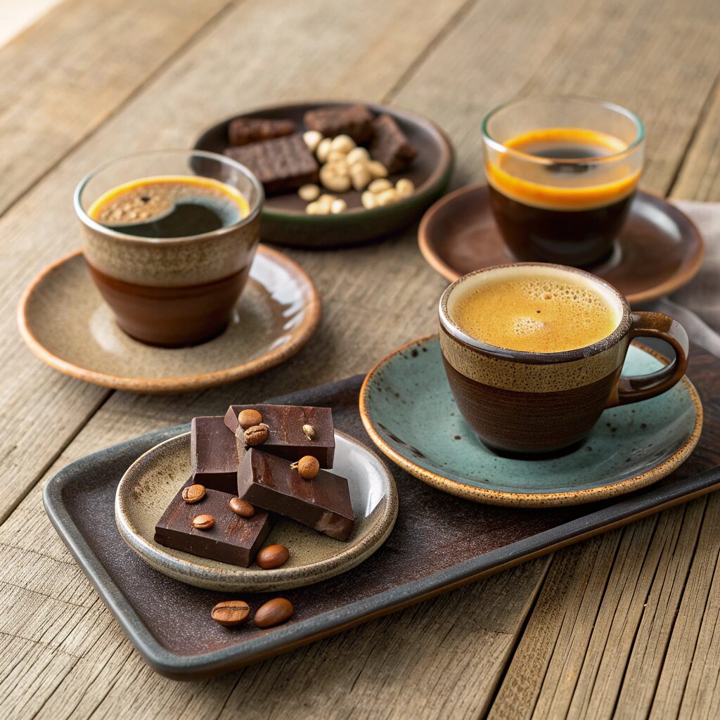 coffee cups, each paired with a matching piece of gourmet chocolate