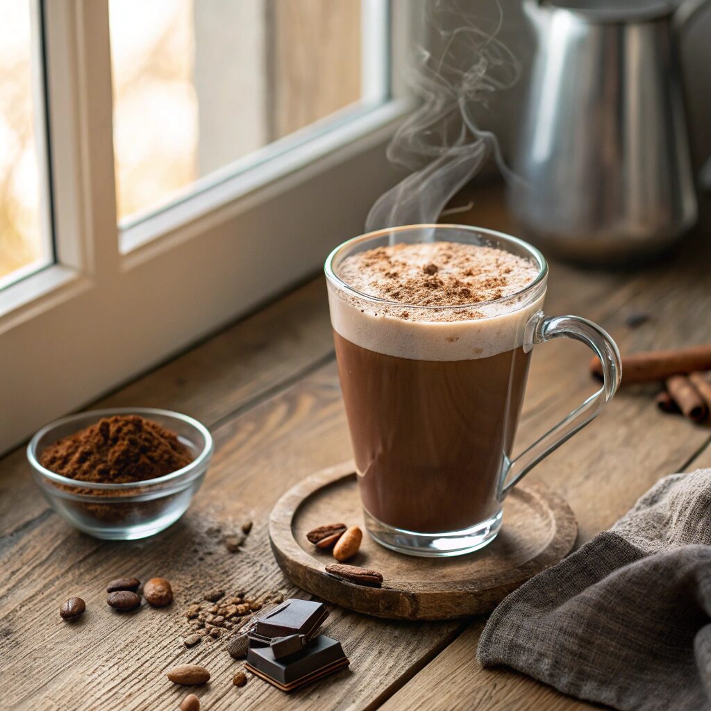 Coffee Cacao Energy Booster drink in a clear double-walled glass mug