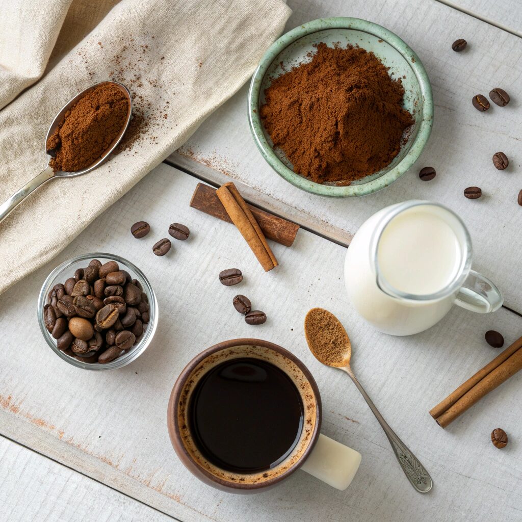ingredients used in a Coffee Cacao Energy Booster on a textured neutral-toned countertop or wooden surface