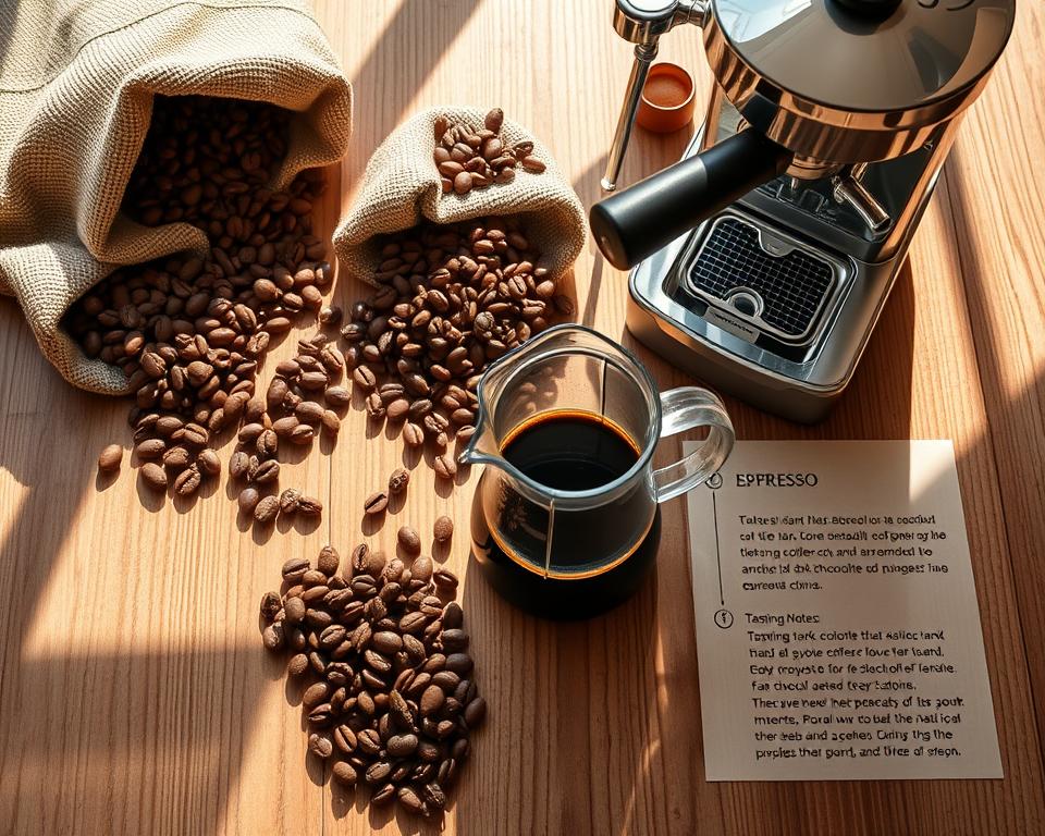 A sun-dappled wooden table, adorned with an array of artisanal espresso blends. Whole coffee beans in earthy tones spill out from burlap sacks, their rich aroma wafting through the air. Sleek, stainless steel espresso machines stand ready, their chrome surfaces gleaming. A carafe of freshly brewed espresso takes center stage, its dark, syrupy liquid enticing the senses. Carefully curated tasting notes describe the complex flavors - notes of dark chocolate, caramel, and a hint of citrus. The scene exudes a sense of craft, passion, and the pursuit of the perfect espresso experience. A sun-dappled wooden table, adorned with an array of artisanal espresso blends. Whole coffee beans in earthy tones spill out from burlap sacks, their rich aroma wafting through the air. Sleek, stainless steel espresso machines stand ready, their chrome surfaces gleaming. A carafe of freshly brewed espresso takes center stage, its dark, syrupy liquid enticing the senses. Carefully curated tasting notes describe the complex flavors - notes of dark chocolate, caramel, and a hint of citrus. The scene exudes a sense of craft, passion, and the pursuit of the perfect espresso experience.