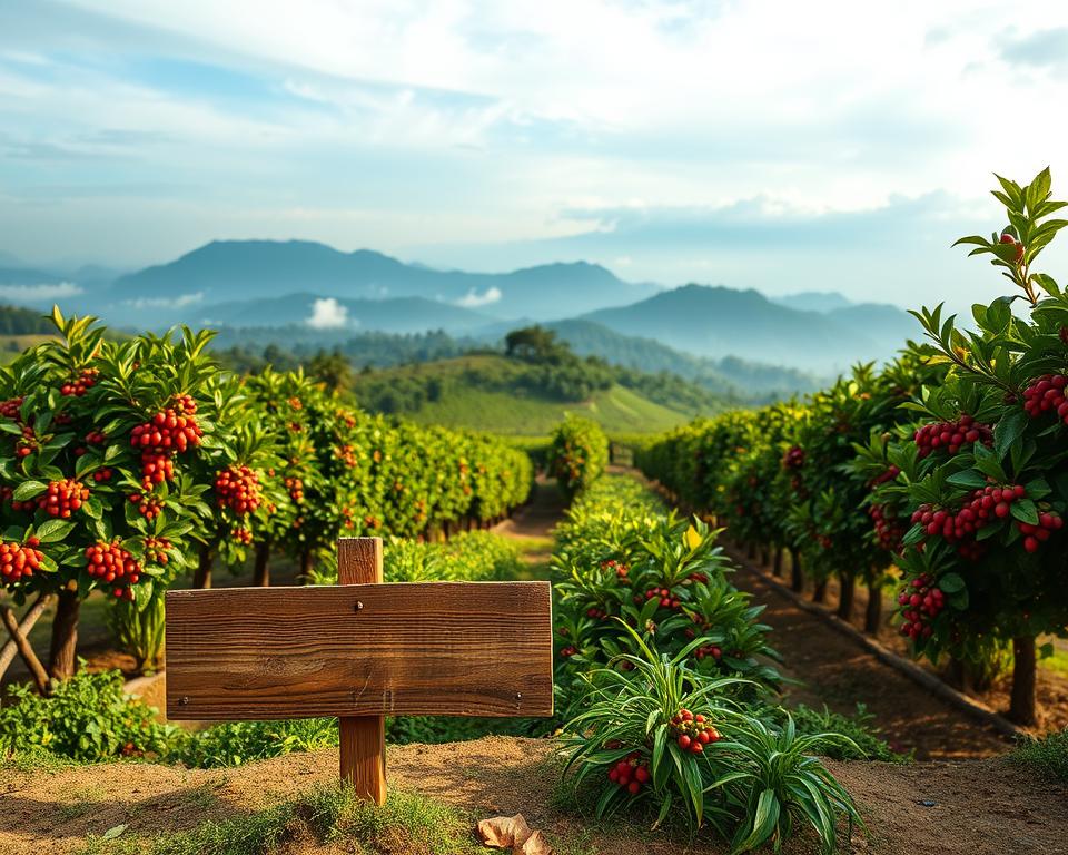 A vibrant, lush coffee plantation nestled in the rolling hills, with rows of verdant bushes bearing the distinctive pink-hued cherries of the rare and prized Pink Bourbon variety. Soft, diffused natural lighting filters through wispy clouds, casting a warm, golden glow over the scene. In the foreground, a weathered, wooden sign denotes the origin of this exceptional coffee, handcrafted with care by local farmers. The background gradually fades into a hazy, atmospheric landscape of distant mountains and a vast, azure sky. Subtle details, such as the uneven terrain and the occasional fallen leaf, lend an authentic, documentary-like feel to the image. A vibrant, lush coffee plantation nestled in the rolling hills, with rows of verdant bushes bearing the distinctive pink-hued cherries of the rare and prized Pink Bourbon variety. Soft, diffused natural lighting filters through wispy clouds, casting a warm, golden glow over the scene. In the foreground, a weathered, wooden sign denotes the origin of this exceptional coffee, handcrafted with care by local farmers. The background gradually fades into a hazy, atmospheric landscape of distant mountains and a vast, azure sky. Subtle details, such as the uneven terrain and the occasional fallen leaf, lend an authentic, documentary-like feel to the image.