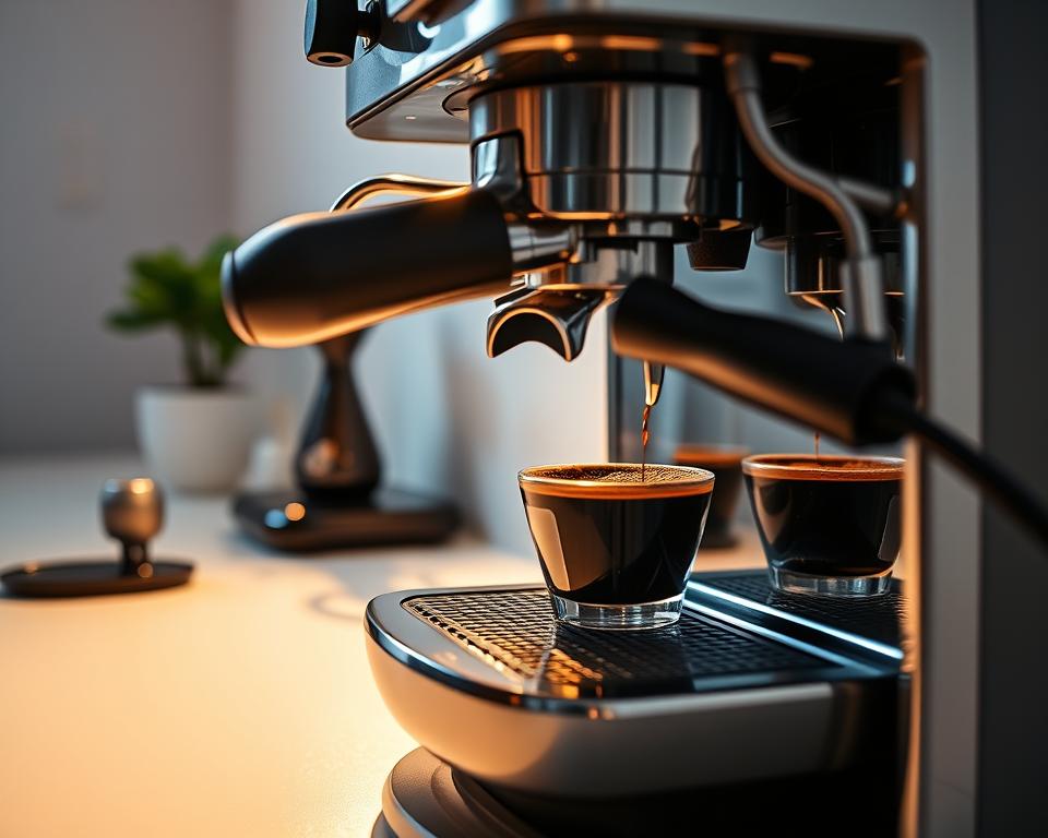 A well-lit, close-up shot of an espresso machine with a portafilter in the foreground, showcasing the ritual of espresso shot testing. The machine's sleek metal and glass exterior gleams under a warm, directional light, casting intricate shadows. In the middle ground, a barista's hand carefully tamps the freshly ground coffee, preparing the perfect extraction. The background features a minimal, clean workspace with a few essential tools - a coffee scale, a timer, and perhaps a decorative plant to bring in a natural element. The overall mood is one of precision, focus, and the pursuit of coffee excellence. A well-lit, close-up shot of an espresso machine with a portafilter in the foreground, showcasing the ritual of espresso shot testing. The machine's sleek metal and glass exterior gleams under a warm, directional light, casting intricate shadows. In the middle ground, a barista's hand carefully tamps the freshly ground coffee, preparing the perfect extraction. The background features a minimal, clean workspace with a few essential tools - a coffee scale, a timer, and perhaps a decorative plant to bring in a natural element. The overall mood is one of precision, focus, and the pursuit of coffee excellence.