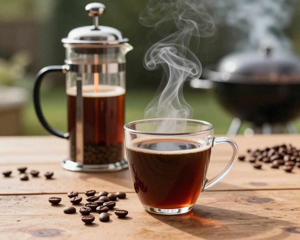 A beautifully arranged coffee scene focused on a steaming mug of smoked coffee, with delicate wisps of smoke curling upwards, showcasing the rich, dark brown color of the brew. In the foreground, a rustic wooden table serves as the base, with textured coffee beans scattered artistically around the mug. The middle features a clear glass French press, hinting at the brewing process, with a subtle glow from a nearby warm light source creating a cozy atmosphere. In the background, softly blurred hints of a backyard BBQ setup can be seen, with smoke rising gently from a grill, adding to the theme of infusion. The overall mood is inviting and warm, emphasizing the artisanal craft of home-brewed smoked coffee. A beautifully arranged coffee scene focused on a steaming mug of smoked coffee, with delicate wisps of smoke curling upwards, showcasing the rich, dark brown color of the brew. In the foreground, a rustic wooden table serves as the base, with textured coffee beans scattered artistically around the mug. The middle features a clear glass French press, hinting at the brewing process, with a subtle glow from a nearby warm light source creating a cozy atmosphere. In the background, softly blurred hints of a backyard BBQ setup can be seen, with smoke rising gently from a grill, adding to the theme of infusion. The overall mood is inviting and warm, emphasizing the artisanal craft of home-brewed smoked coffee.