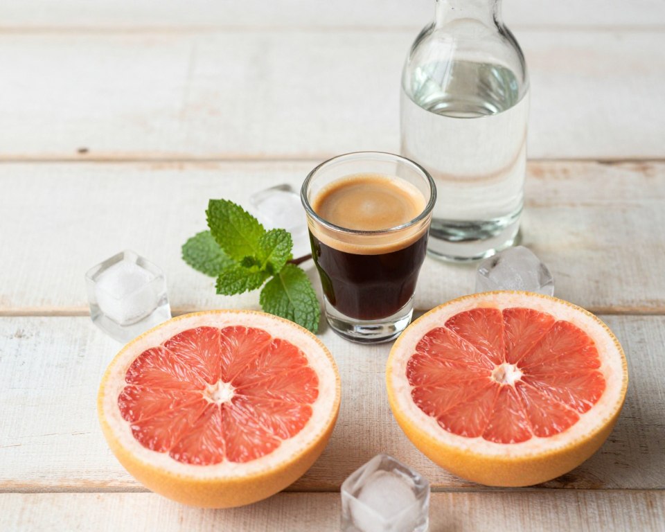 A beautifully arranged flat lay of ingredients for a Grapefruit Espresso Tonic. In the foreground, a fresh, vibrant pink grapefruit sliced in half, showcasing its juicy interior. Near it, a fresh shot of espresso in a clear glass, rich with crema on top, surrounded by ice cubes. In the middle, a sprig of mint adds a touch of green, and a simple glass tonic water bottle complements the scene. The background should feature a light, rustic wooden surface to enhance the natural textures. Soft, warm lighting highlights the freshness of the ingredients, creating an inviting atmosphere. Use a shallow depth of field to keep the focus on the ingredients while softly blurring the background, conveying a clean and crisp aesthetic. A beautifully arranged flat lay of ingredients for a Grapefruit Espresso Tonic. In the foreground, a fresh, vibrant pink grapefruit sliced in half, showcasing its juicy interior. Near it, a fresh shot of espresso in a clear glass, rich with crema on top, surrounded by ice cubes. In the middle, a sprig of mint adds a touch of green, and a simple glass tonic water bottle complements the scene. The background should feature a light, rustic wooden surface to enhance the natural textures. Soft, warm lighting highlights the freshness of the ingredients, creating an inviting atmosphere. Use a shallow depth of field to keep the focus on the ingredients while softly blurring the background, conveying a clean and crisp aesthetic.