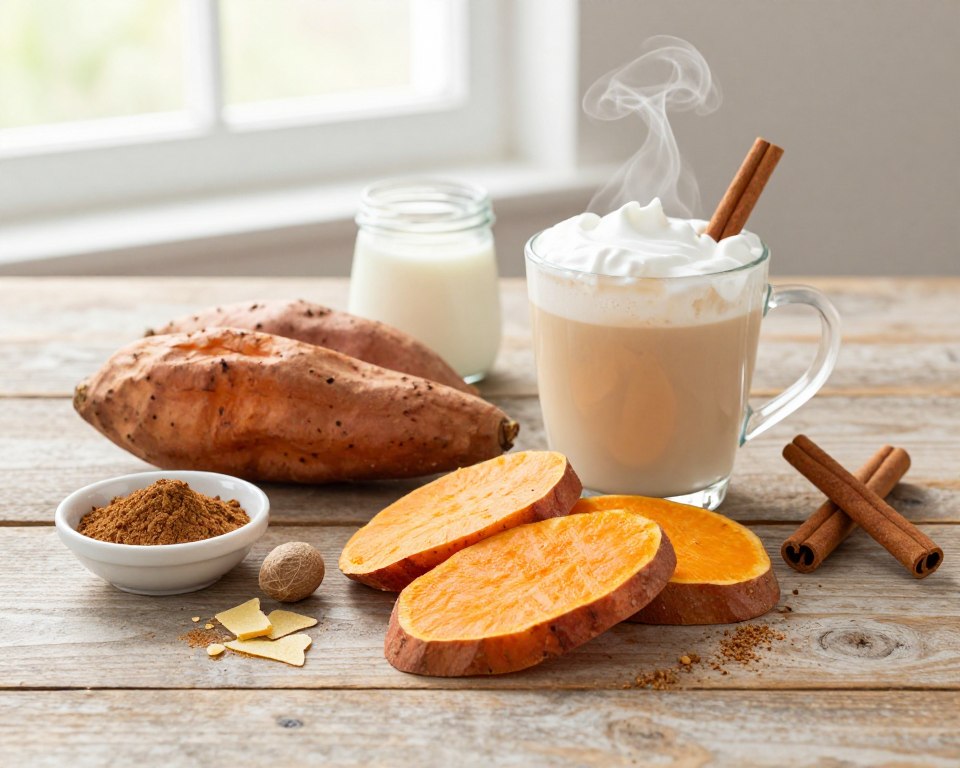 A beautifully arranged flat lay of ingredients for a Sweet Potato Latte, featuring roasted sweet potatoes, creamy milk, cinnamon sticks, and a sprinkle of nutmeg. The foreground showcases the vibrant orange hues of the sweet potatoes, alongside a small bowl of ground cinnamon and freshly grated nutmeg, all on a rustic wooden table. In the middle ground, a steaming cup of latte adorned with a cinnamon stick and whipped cream awaits, while a subtle glass container of vanilla extract is placed nearby. The background features soft, natural lighting filtering through a nearby window, creating a warm and inviting atmosphere perfect for a cozy fall vibe. The image captures the essence of autumn with natural textures and a clean, uncluttered composition. A beautifully arranged flat lay of ingredients for a Sweet Potato Latte, featuring roasted sweet potatoes, creamy milk, cinnamon sticks, and a sprinkle of nutmeg. The foreground showcases the vibrant orange hues of the sweet potatoes, alongside a small bowl of ground cinnamon and freshly grated nutmeg, all on a rustic wooden table. In the middle ground, a steaming cup of latte adorned with a cinnamon stick and whipped cream awaits, while a subtle glass container of vanilla extract is placed nearby. The background features soft, natural lighting filtering through a nearby window, creating a warm and inviting atmosphere perfect for a cozy fall vibe. The image captures the essence of autumn with natural textures and a clean, uncluttered composition.