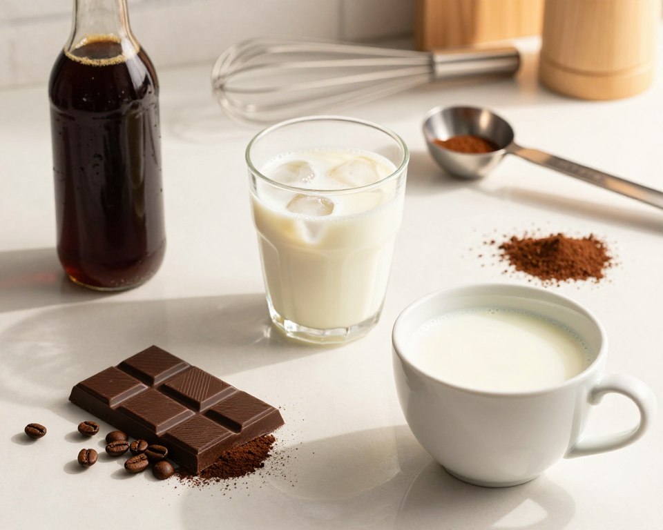 A beautifully arranged flat lay of ingredients for a chocolate cold brew coffee recipe. In the foreground, include a small pile of freshly ground coffee beans, a bar of rich dark chocolate, and a snow-white ceramic cup filled with creamy milk. The middle layer features a sleek bottle of cold brew coffee, a delicate glass of iced milk, and a few cocoa powder sprinkles. In the background, softly blurred kitchen utensils like a measuring spoon and a whisk create a warm, inviting atmosphere. The lighting is soft and natural, reminiscent of a cozy kitchen during golden hour, casting gentle shadows. The image should evoke a sense of comfort and indulgence, perfect for illustrating a delicious and trendy beverage recipe. A beautifully arranged flat lay of ingredients for a chocolate cold brew coffee recipe. In the foreground, include a small pile of freshly ground coffee beans, a bar of rich dark chocolate, and a snow-white ceramic cup filled with creamy milk. The middle layer features a sleek bottle of cold brew coffee, a delicate glass of iced milk, and a few cocoa powder sprinkles. In the background, softly blurred kitchen utensils like a measuring spoon and a whisk create a warm, inviting atmosphere. The lighting is soft and natural, reminiscent of a cozy kitchen during golden hour, casting gentle shadows. The image should evoke a sense of comfort and indulgence, perfect for illustrating a delicious and trendy beverage recipe.
