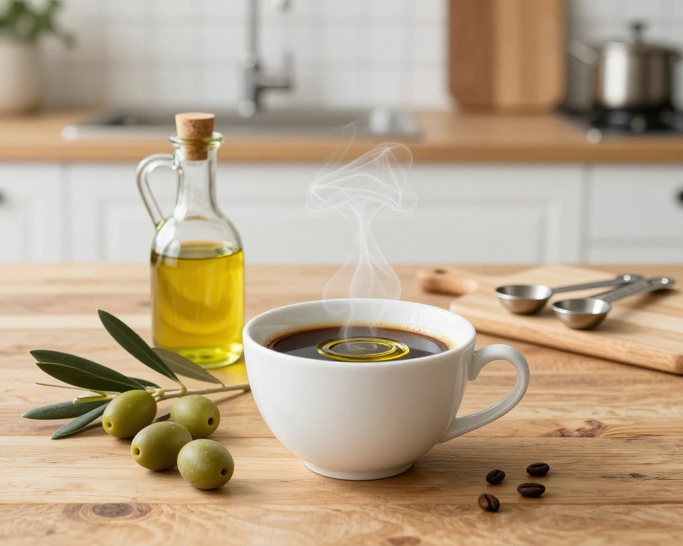 A beautifully arranged olive oil coffee recipe setup, showcasing a steaming cup of rich, dark coffee infused with a swirl of golden olive oil on top. In the foreground, a pristine white ceramic cup sits elegantly on a rustic wooden table, accented by a small olive oil bottle with a delicate pour spout. Fresh green olives and olive branches are artistically placed beside the cup. In the middle background, a softly lit kitchen with warm, inviting tones and natural textures, including a wooden cutting board and a set of measuring spoons. The scene is bathed in soft, natural daylight, enhancing the warm mood and evoking a sense of culinary creativity. The composition is clear and focused, inviting viewers to explore this unique beverage. A beautifully arranged olive oil coffee recipe setup, showcasing a steaming cup of rich, dark coffee infused with a swirl of golden olive oil on top. In the foreground, a pristine white ceramic cup sits elegantly on a rustic wooden table, accented by a small olive oil bottle with a delicate pour spout. Fresh green olives and olive branches are artistically placed beside the cup. In the middle background, a softly lit kitchen with warm, inviting tones and natural textures, including a wooden cutting board and a set of measuring spoons. The scene is bathed in soft, natural daylight, enhancing the warm mood and evoking a sense of culinary creativity. The composition is clear and focused, inviting viewers to explore this unique beverage.