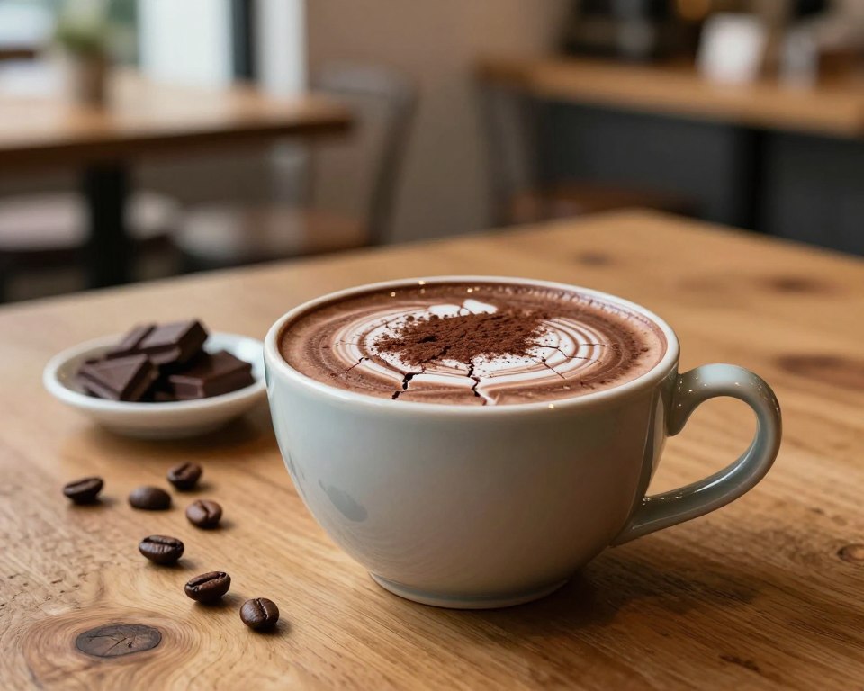 A beautifully crafted chocolate crack latte sits on a rustic wooden table in the foreground. The latte features creamy chocolate swirls and a delicate, cracked surface resembling a chocolate layer, with a sprinkle of cocoa powder on top. The cup is ceramic with an artistic design, and there’s a subtle sheen from the warm lighting reflecting off the glossy finish. In the middle ground, a hint of fresh coffee beans and a small dish of dark chocolate pieces add to the indulgent theme. The background is softly blurred, showcasing a cozy café ambiance with warm, inviting tones and natural textures, creating a relaxed and welcoming atmosphere. The lighting is soft and warm, evoking a sense of comfort and indulgence, perfect for a trendy coffee experience. A beautifully crafted chocolate crack latte sits on a rustic wooden table in the foreground. The latte features creamy chocolate swirls and a delicate, cracked surface resembling a chocolate layer, with a sprinkle of cocoa powder on top. The cup is ceramic with an artistic design, and there’s a subtle sheen from the warm lighting reflecting off the glossy finish. In the middle ground, a hint of fresh coffee beans and a small dish of dark chocolate pieces add to the indulgent theme. The background is softly blurred, showcasing a cozy café ambiance with warm, inviting tones and natural textures, creating a relaxed and welcoming atmosphere. The lighting is soft and warm, evoking a sense of comfort and indulgence, perfect for a trendy coffee experience.