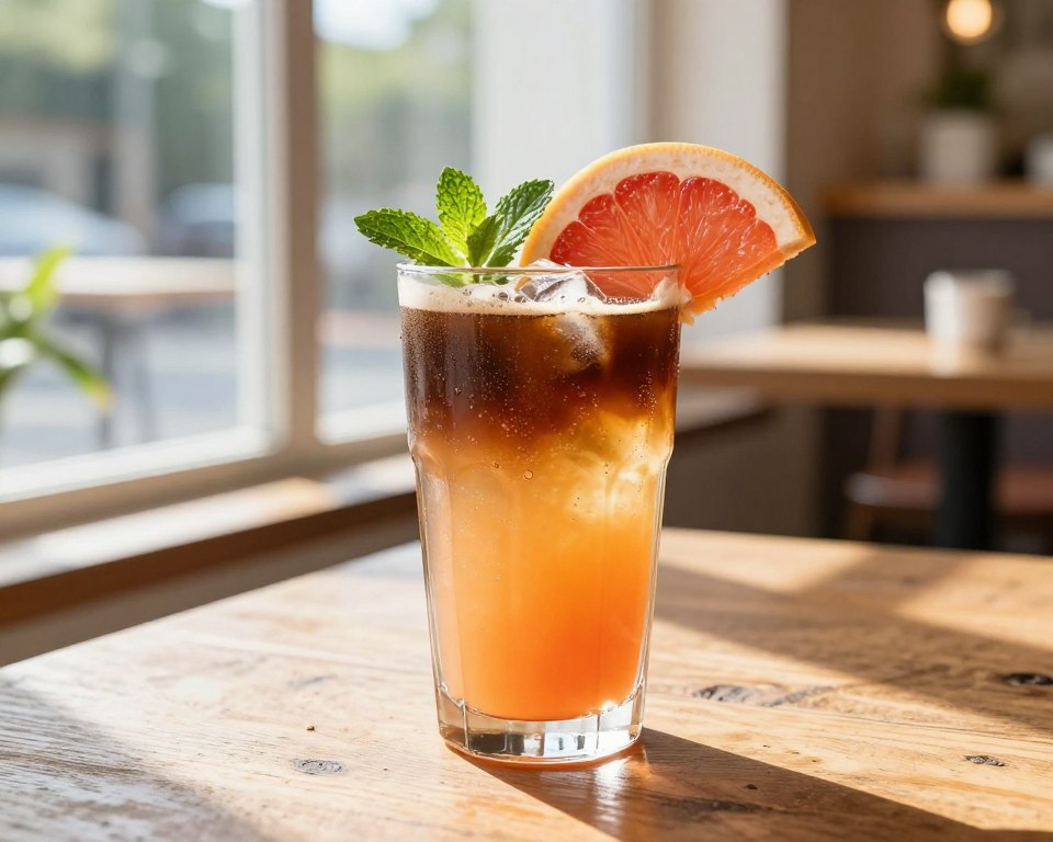 A beautifully crafted glass of grapefruit espresso tonic sits prominently in the foreground, showcasing the sparkling liquid's vibrant orange hue accented by the rich, dark espresso. The drink is garnished with a bright slice of fresh grapefruit and a sprig of mint, adding a refreshing touch. The glass is placed on a rustic wooden table, emphasizing natural textures. In the middle ground, soft sunlight filters through a large window, casting gentle shadows and creating a warm, summery atmosphere. The background features a blurred view of a cozy café setting with greenery peeking in, evoking a relaxed and inviting vibe. This image captures the essence of a zesty and refreshing drink perfect for hot days, focusing on clarity and visual appeal, with a bright and uplifting mood. A beautifully crafted glass of grapefruit espresso tonic sits prominently in the foreground, showcasing the sparkling liquid's vibrant orange hue accented by the rich, dark espresso. The drink is garnished with a bright slice of fresh grapefruit and a sprig of mint, adding a refreshing touch. The glass is placed on a rustic wooden table, emphasizing natural textures. In the middle ground, soft sunlight filters through a large window, casting gentle shadows and creating a warm, summery atmosphere. The background features a blurred view of a cozy café setting with greenery peeking in, evoking a relaxed and inviting vibe. This image captures the essence of a zesty and refreshing drink perfect for hot days, focusing on clarity and visual appeal, with a bright and uplifting mood.