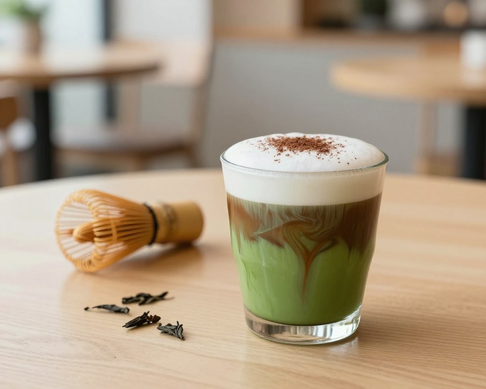 A beautifully crafted matcha espresso drink positioned prominently in the foreground, showcasing rich layers of vibrant green matcha and deep brown espresso swirled elegantly. The glass is adorned with a delicate frothy top, lightly sprinkled with cocoa powder. Soft, natural lighting illuminates the drink, creating inviting reflections. In the middle ground, a minimalist wooden table complements the drink's earthy tones, with a small matcha whisk and a few tea leaves scattered artistically nearby to enhance texture. The background features a softly blurred café setting with warm, neutral colors, creating a cozy, serene atmosphere. The overall mood is one of warmth and indulgence, inviting the viewer to savor the bold flavors of this unique fusion drink. A beautifully crafted matcha espresso drink positioned prominently in the foreground, showcasing rich layers of vibrant green matcha and deep brown espresso swirled elegantly. The glass is adorned with a delicate frothy top, lightly sprinkled with cocoa powder. Soft, natural lighting illuminates the drink, creating inviting reflections. In the middle ground, a minimalist wooden table complements the drink's earthy tones, with a small matcha whisk and a few tea leaves scattered artistically nearby to enhance texture. The background features a softly blurred café setting with warm, neutral colors, creating a cozy, serene atmosphere. The overall mood is one of warmth and indulgence, inviting the viewer to savor the bold flavors of this unique fusion drink.