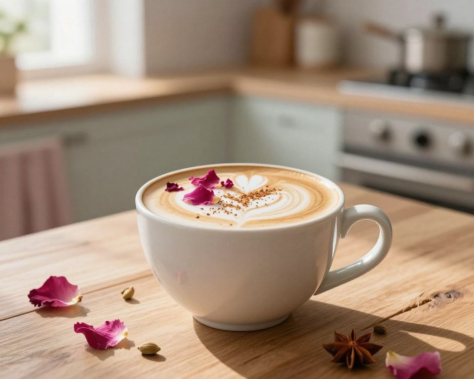 A beautifully crafted rose cardamom latte, served in an elegant ceramic cup, sits on a rustic wooden table. The latte features delicate swirls of creamy foam art topped with scattered rose petals and a sprinkle of ground cardamom, creating an inviting aroma. In the foreground, softly blurred rose petals and cardamom pods hint at the latte's ingredients. The background showcases a serene kitchen setting with muted pastel colors and soft morning light filtering through a nearby window, casting gentle shadows that enhance the warm atmosphere. Captured with a shallow depth of field, the image conveys a cozy, inviting mood, perfect for a peaceful morning ritual.