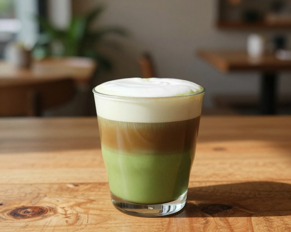 A beautifully layered espresso matcha latte in a clear glass cup, showcasing vibrant green matcha, rich brown espresso, and creamy froth on top. The foreground features a close-up view of the cup, highlighting the distinct layers of colors and textures. The middle shows a textured wooden table, adding a rustic touch, while the background softly fades into a warm, inviting café setting with blurred plants and soft lighting. The scene is illuminated by natural sunlight, casting gentle shadows and enhancing the drink's appeal. The mood is cozy and inviting, perfect for a relaxing afternoon. Emphasize the smooth transitions between layers, capturing the essence of this unique fusion drink without any text or distractions. A beautifully layered espresso matcha latte in a clear glass cup, showcasing vibrant green matcha, rich brown espresso, and creamy froth on top. The foreground features a close-up view of the cup, highlighting the distinct layers of colors and textures. The middle shows a textured wooden table, adding a rustic touch, while the background softly fades into a warm, inviting café setting with blurred plants and soft lighting. The scene is illuminated by natural sunlight, casting gentle shadows and enhancing the drink's appeal. The mood is cozy and inviting, perfect for a relaxing afternoon. Emphasize the smooth transitions between layers, capturing the essence of this unique fusion drink without any text or distractions.
