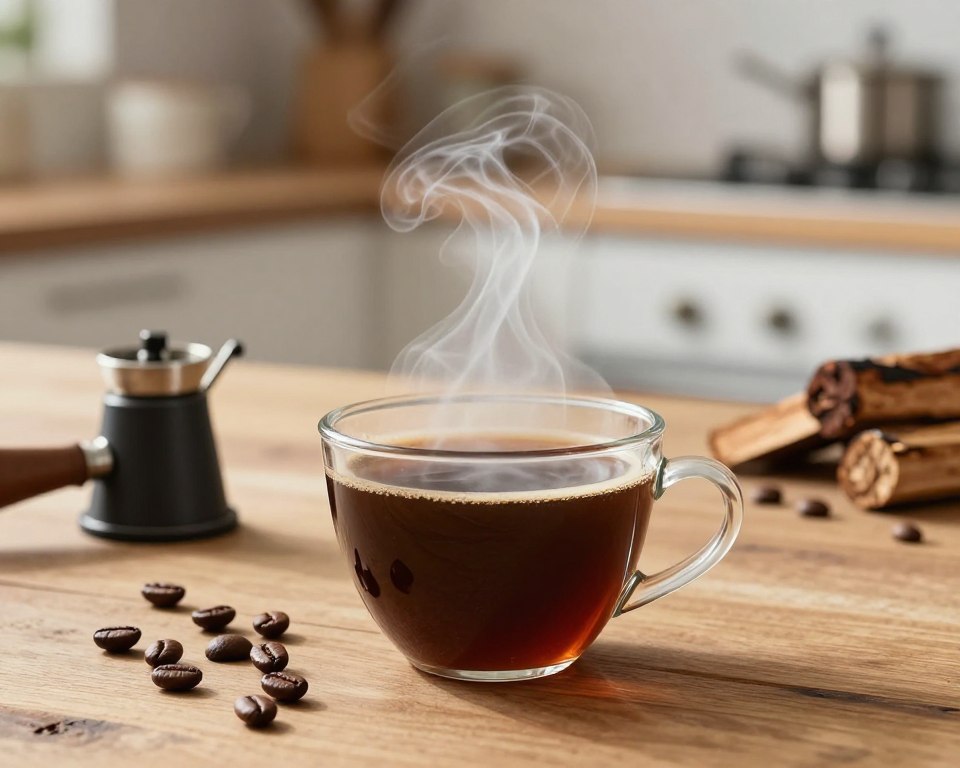 A close-up composition showcasing a steaming cup of smoked coffee placed on a rustic wooden table. In the foreground, the cup has a rich, dark brown color with swirling steam rising, hinting at its aromatic infusion. Surrounding the cup are scattered coffee beans and a small smoking apparatus, like a handheld smoker, with light wisps of smoke drifting around. In the middle ground, hints of smoked wood chips add texture and context to the brewing process. The background is softly blurred, featuring a cozy kitchen with warm lighting, emphasizing a homely atmosphere. Use a shallow depth of field to focus on the cup, creating an intimate feeling. The scene conveys warmth, comfort, and the art of crafting a unique coffee experience at home. A close-up composition showcasing a steaming cup of smoked coffee placed on a rustic wooden table. In the foreground, the cup has a rich, dark brown color with swirling steam rising, hinting at its aromatic infusion. Surrounding the cup are scattered coffee beans and a small smoking apparatus, like a handheld smoker, with light wisps of smoke drifting around. In the middle ground, hints of smoked wood chips add texture and context to the brewing process. The background is softly blurred, featuring a cozy kitchen with warm lighting, emphasizing a homely atmosphere. Use a shallow depth of field to focus on the cup, creating an intimate feeling. The scene conveys warmth, comfort, and the art of crafting a unique coffee experience at home.