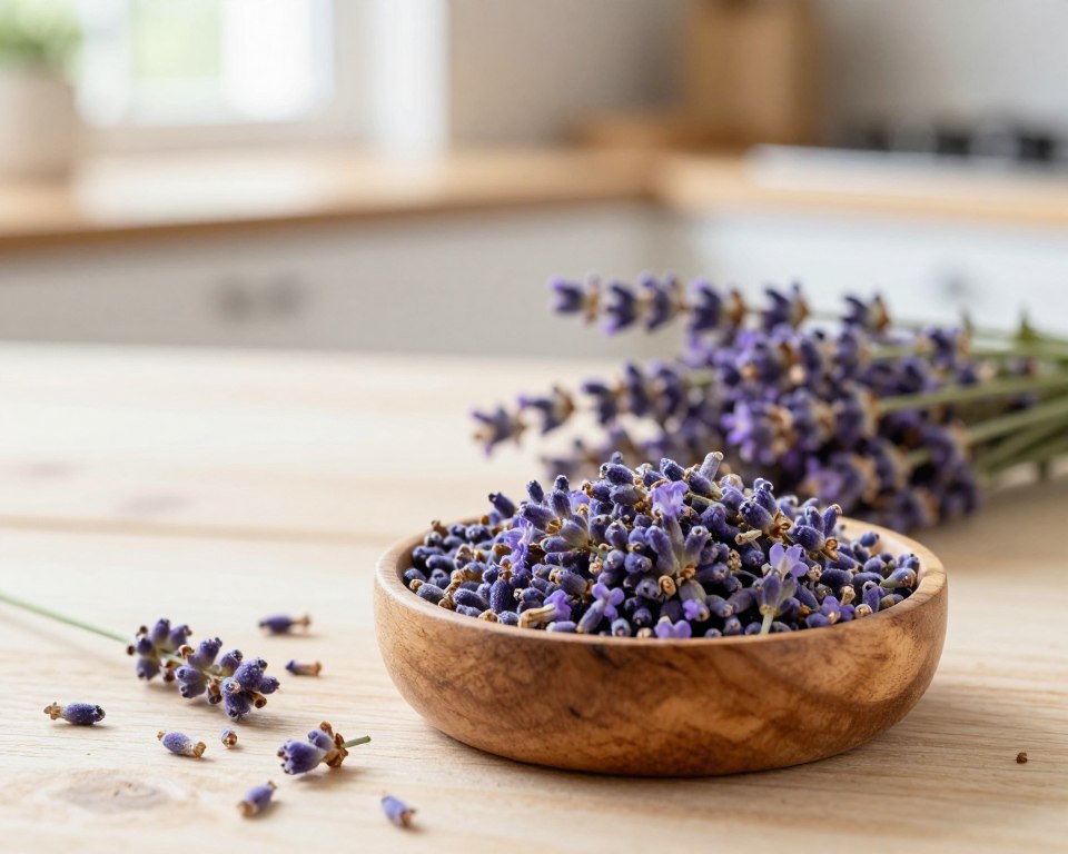 A close-up image of dried lavender buds, showcasing their delicate purple hues and intricate textures. In the foreground, a small wooden bowl filled with the lavender buds, emphasizing their natural, rustic appeal. The middle ground features scattered lavender buds, hinting at their fragrant essence. The background is softly blurred, displaying hints of a clean, rustic kitchen setting, perhaps a wooden countertop. Natural sunlight pours in from a window, casting gentle, warm light across the scene, creating a serene and inviting atmosphere. The focus should be sharp on the lavender, capturing the details of the tiny blooms, while the lighting enhances the rich colors and textures, evoking a sense of calm and floral beauty.