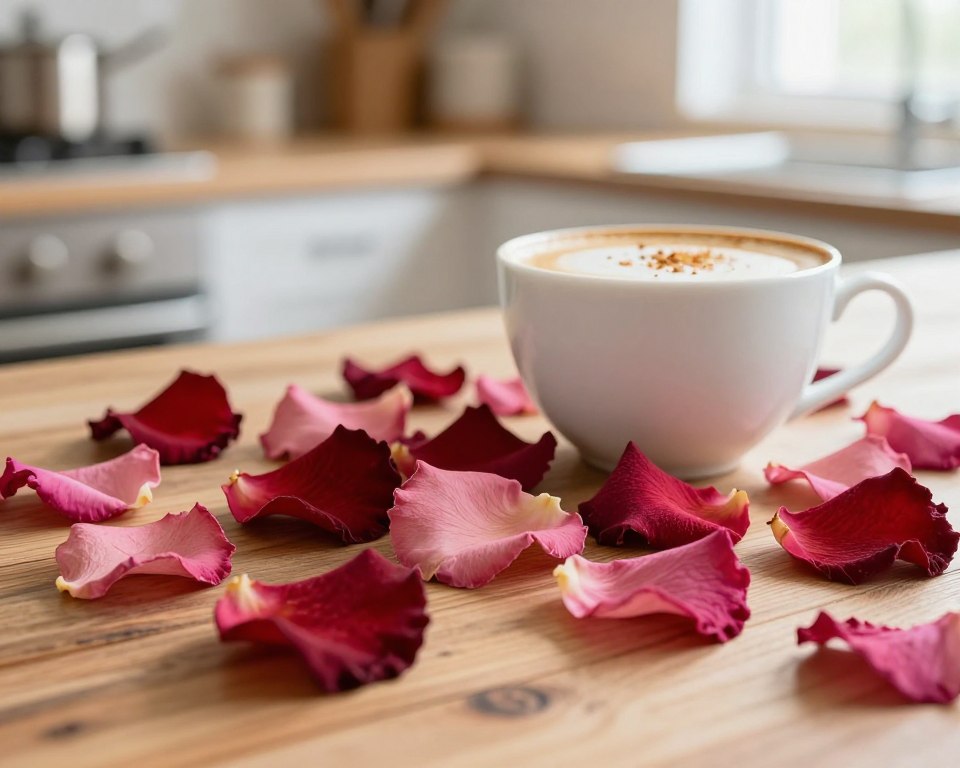 A close-up of dried rose petals artfully scattered across a rustic wooden surface. The foreground features a variety of rose petals in deep reds and soft pinks, some curled and others elegantly flat, showcasing textures that evoke a sense of warmth and nostalgia. In the middle, a delicate porcelain cup partially filled with a creamy latte sits adjacent to the petals, with a subtle hint of cardamom sprinkled atop. The background remains softly blurred, hinting at a warm kitchen setting with gentle bokeh lights that create an inviting atmosphere. Natural light filters in from a nearby window, casting soft shadows and enhancing the rich colors of the petals. The overall mood captures the essence of culinary artistry and the tranquil beauty of an aromatic floral experience.