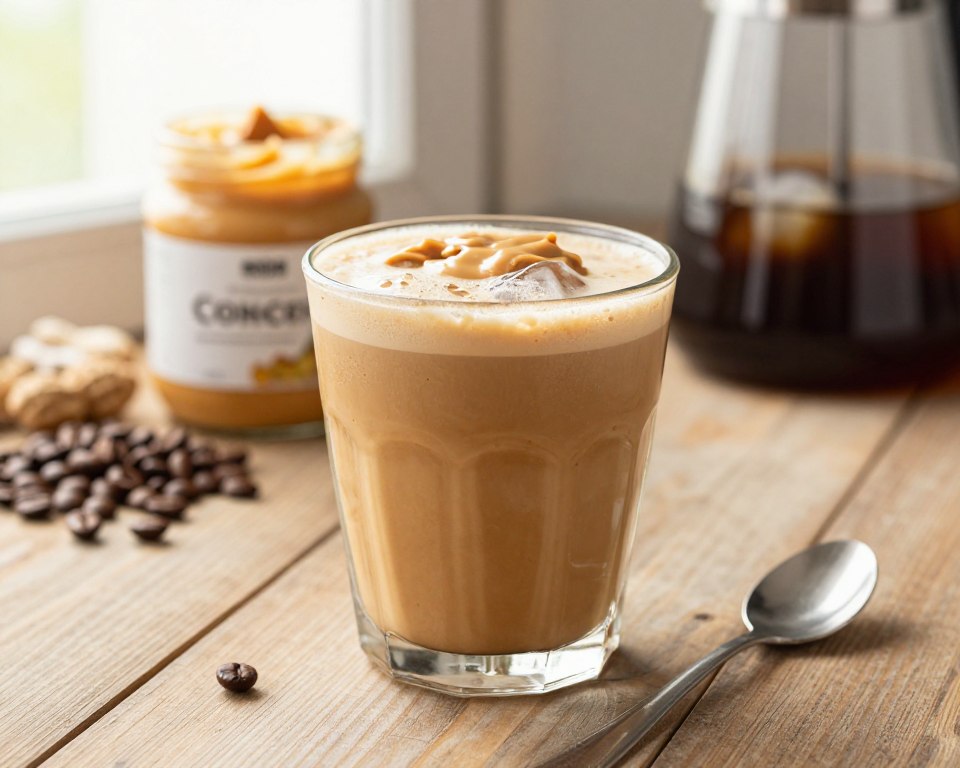 A close-up shot of a frosty glass of peanut butter iced coffee, showcasing a creamy, rich texture swirled with smooth peanut butter and topped with a light froth. The glass is placed on a rustic wooden table, with a spoon resting beside it. In the background, blurred out, is a soft focus of coffee beans and a couple of ingredients like a jar of peanut butter and fresh iced coffee brewing equipment. Natural light pours in from a nearby window, creating a warm, inviting atmosphere that highlights the creamy tones of the coffee and the nutty color of the peanut butter. Capture the essence of indulgence and nourishment, emphasizing both the drink and the ingredients.