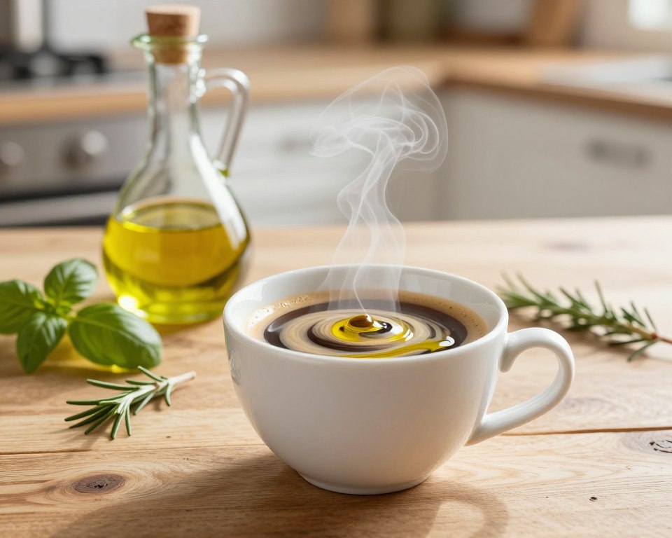A close-up shot of a steaming cup of coffee swirled with a drizzle of golden olive oil, creating a rich, inviting visual contrast. The foreground features the coffee cup on a rustic wooden table, with delicate steam rising, hinting at warmth and comfort. In the middle ground, a small dish of high-quality extra virgin olive oil glistens, with sprigs of fresh herbs like basil and rosemary scattered nearby, emphasizing the fusion of flavors. The background features soft, blurred kitchen elements in warm tones, creating an inviting atmosphere. Natural light filters in, casting gentle highlights and shadows, enhancing the textures of the wood and the glossy surface of the olive oil. The overall mood is cozy and innovative, showcasing the trendy blend of flavors in a sophisticated yet approachable setting. A close-up shot of a steaming cup of coffee swirled with a drizzle of golden olive oil, creating a rich, inviting visual contrast. The foreground features the coffee cup on a rustic wooden table, with delicate steam rising, hinting at warmth and comfort. In the middle ground, a small dish of high-quality extra virgin olive oil glistens, with sprigs of fresh herbs like basil and rosemary scattered nearby, emphasizing the fusion of flavors. The background features soft, blurred kitchen elements in warm tones, creating an inviting atmosphere. Natural light filters in, casting gentle highlights and shadows, enhancing the textures of the wood and the glossy surface of the olive oil. The overall mood is cozy and innovative, showcasing the trendy blend of flavors in a sophisticated yet approachable setting.