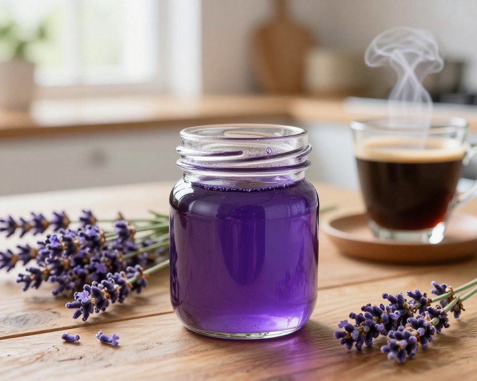 A close-up view of a beautifully presented jar of lavender syrup, highlighting its rich violet color and glossy texture. The jar is placed on a rustic wooden table, surrounded by fresh lavender sprigs and delicate flowers, enhancing the floral theme. In the background, softly blurred hints of a cozy kitchen with warm, natural light filtering through a window create an inviting atmosphere. A glass of steaming coffee sits beside the syrup, a few drops of lavender syrup glistening on the rim. The overall mood is warm and serene, evoking the comforting experience of enjoying lavender-infused beverages. Use a shallow depth of field to focus on the syrup, capturing its details sharply against a gentle, calming background.
