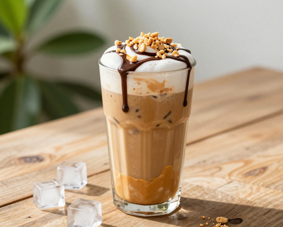 A close-up view of a tall glass of peanut butter iced coffee, showcasing layers of creamy, frothy coffee topped with a swirl of peanut butter. The glass is adorned with a light drizzle of chocolate syrup and crushed peanuts on top. Surround the glass with ice cubes glistening in the sunlight. In the background, a rustic wooden table adds warmth, with a soft-focus ambiance of green plants gently blurred, creating a fresh summer feel. The lighting is bright and natural, casting soft highlights on the glass, emphasizing the creamy texture. Capture this from a slightly angled perspective to enhance depth. The mood should evoke refreshing indulgence and satisfaction, perfect for a hot day.