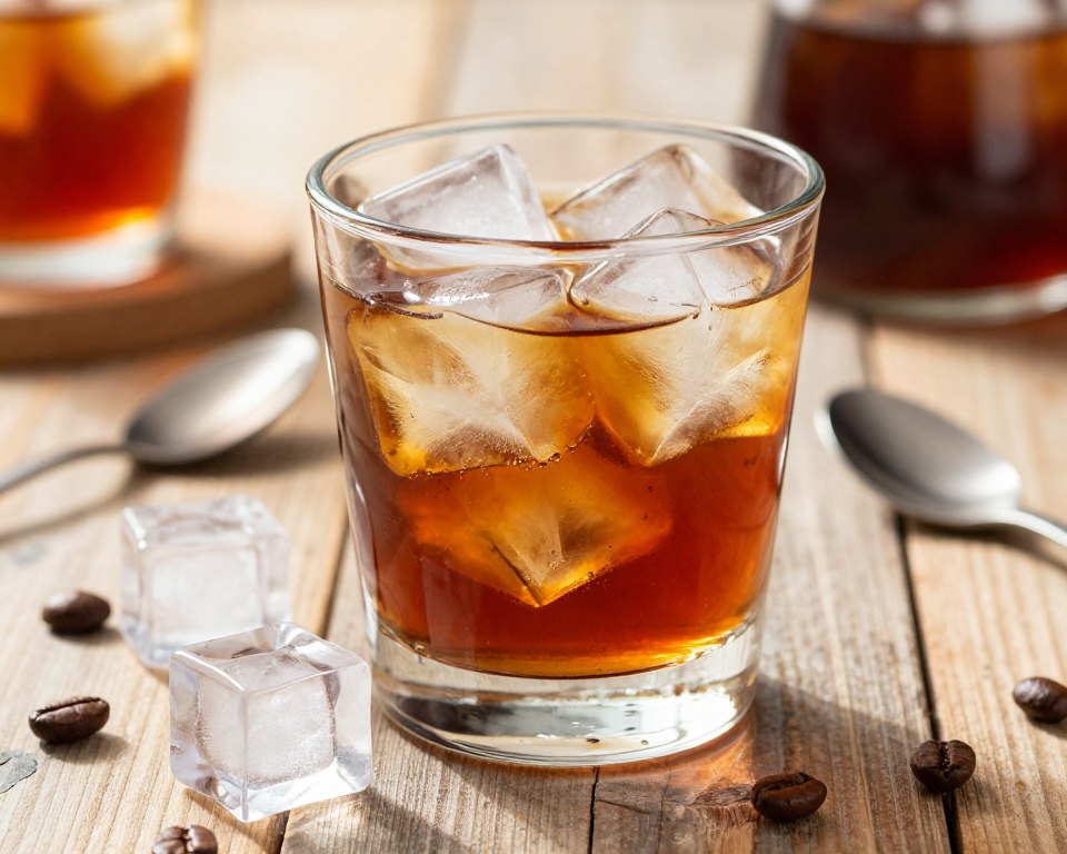 A close-up view of crystal-clear coffee ice cubes glistening in the sunlight, placed in a sleek, transparent glass. The foreground features the ice cubes with intricate textures and sharp edges, capturing the rich amber color of infused cold brew within them. In the middle ground, the glass is surrounded by a few scattered coffee beans and a minimalist spoon, hinting at the brewing process. The background remains softly blurred, with hints of a rustic wooden table and warm golden light filtering through, creating an inviting, cozy atmosphere. The scene conveys a refreshing, energizing mood, perfect for a warm day. The composition is vibrant, focusing on the allure of cold coffee cubes without any distractions. A close-up view of crystal-clear coffee ice cubes glistening in the sunlight, placed in a sleek, transparent glass. The foreground features the ice cubes with intricate textures and sharp edges, capturing the rich amber color of infused cold brew within them. In the middle ground, the glass is surrounded by a few scattered coffee beans and a minimalist spoon, hinting at the brewing process. The background remains softly blurred, with hints of a rustic wooden table and warm golden light filtering through, creating an inviting, cozy atmosphere. The scene conveys a refreshing, energizing mood, perfect for a warm day. The composition is vibrant, focusing on the allure of cold coffee cubes without any distractions.