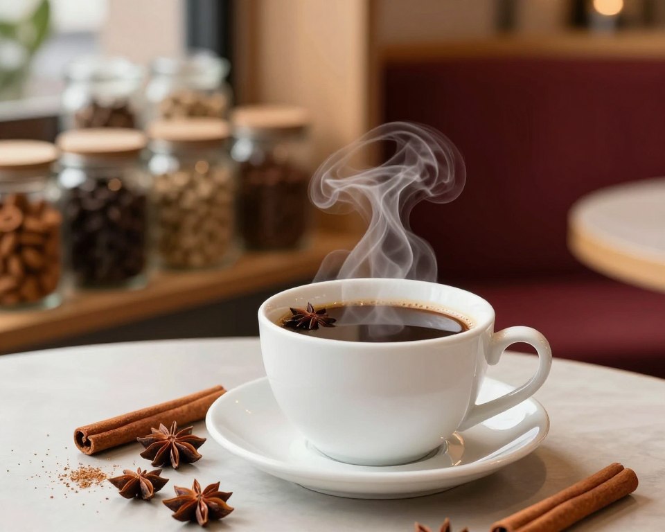 A cozy café setting with a close-up view of a steaming cup of spiced coffee infused with star anise. In the foreground, focus on the rich, dark coffee swirling with wisps of aromatic steam rising. Surround the cup with whole star anise pods and a sprinkle of cinnamon, creating a warm, inviting scene. In the middle ground, gently blurred shelves are lined with jars of spices and coffee, emphasizing the aromatic theme. The background showcases soft, muted earth tones, like warm browns and deep reds, exuding a comfortable, rustic atmosphere. Use soft, natural lighting to cast a warm glow, enhancing the cozy, inviting mood of the image. Capture this scene from a slightly elevated angle, making the spiced coffee appear as the focal point of the composition. A cozy café setting with a close-up view of a steaming cup of spiced coffee infused with star anise. In the foreground, focus on the rich, dark coffee swirling with wisps of aromatic steam rising. Surround the cup with whole star anise pods and a sprinkle of cinnamon, creating a warm, inviting scene. In the middle ground, gently blurred shelves are lined with jars of spices and coffee, emphasizing the aromatic theme. The background showcases soft, muted earth tones, like warm browns and deep reds, exuding a comfortable, rustic atmosphere. Use soft, natural lighting to cast a warm glow, enhancing the cozy, inviting mood of the image. Capture this scene from a slightly elevated angle, making the spiced coffee appear as the focal point of the composition.