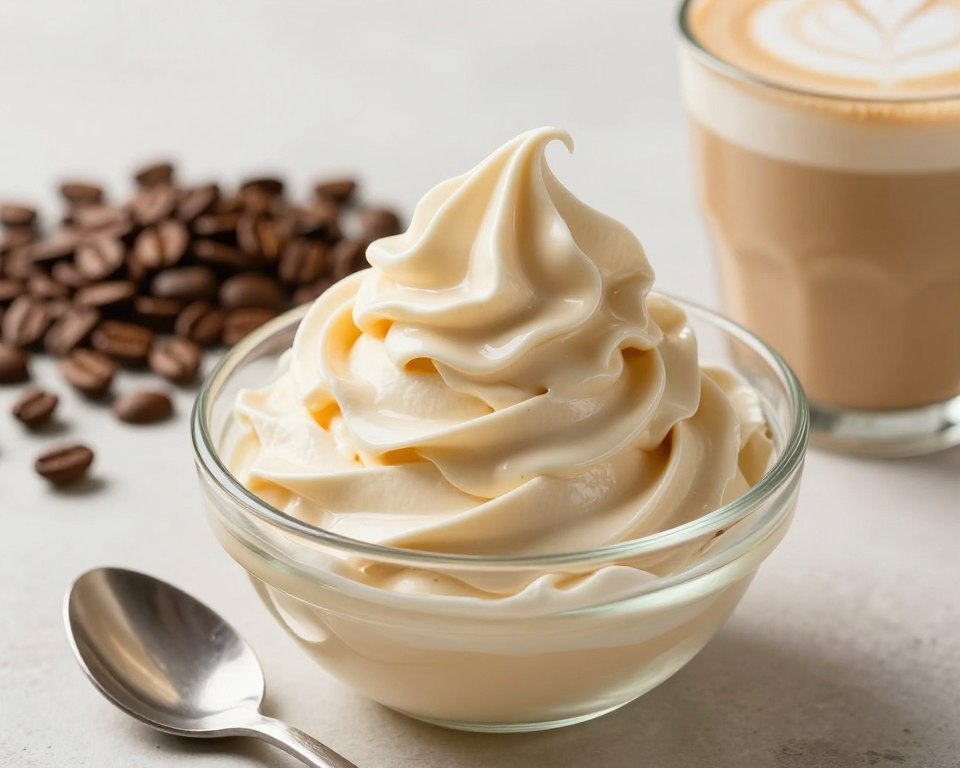 A rich, creamy swirl of coffee whipped cream piled high in a glass bowl, showcasing its velvety texture and glossy sheen. In the foreground, a spoon is delicately resting against the bowl, hinting at indulgence. The middle ground features a backdrop of dark, roasted coffee beans and a frothy latte, subtly hinting at the blend of flavors. Soft, warm lighting casts a gentle glow over the scene, enhancing the inviting, cozy atmosphere. The background is blurred to emphasize the whipped cream, ensuring a minimalist aesthetic that focuses on the deliciousness of coffee whipped cream. The overall mood is warm and inviting, perfect for capturing the essence of homemade treats. A rich, creamy swirl of coffee whipped cream piled high in a glass bowl, showcasing its velvety texture and glossy sheen. In the foreground, a spoon is delicately resting against the bowl, hinting at indulgence. The middle ground features a backdrop of dark, roasted coffee beans and a frothy latte, subtly hinting at the blend of flavors. Soft, warm lighting casts a gentle glow over the scene, enhancing the inviting, cozy atmosphere. The background is blurred to emphasize the whipped cream, ensuring a minimalist aesthetic that focuses on the deliciousness of coffee whipped cream. The overall mood is warm and inviting, perfect for capturing the essence of homemade treats.