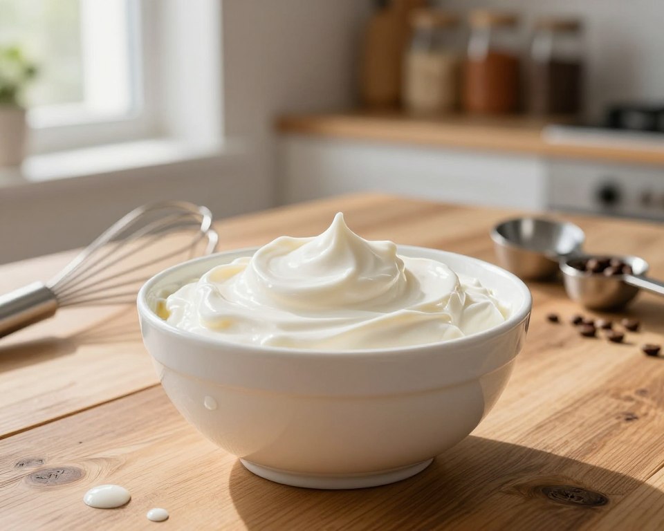 A smooth, glossy bowl of heavy cream sits on a rustic wooden table, illuminated by soft, natural light streaming from a nearby window. The cream has a rich, velvety texture, glistening subtly to emphasize its freshness. In the foreground, delicate droplets of cream rest on the bowl's rim, suggesting its intended use for baking and topping desserts. In the middle ground, small, elegant tools like a whisk and measuring spoons are arranged neatly, hinting at the preparation process. The background features a blurred shelf displaying assorted spices and coffee beans, creating a warm atmosphere in a cozy kitchen. The overall mood is inviting and inspiring, perfect for illustrating the importance of high-quality ingredients for whipped cream. A smooth, glossy bowl of heavy cream sits on a rustic wooden table, illuminated by soft, natural light streaming from a nearby window. The cream has a rich, velvety texture, glistening subtly to emphasize its freshness. In the foreground, delicate droplets of cream rest on the bowl's rim, suggesting its intended use for baking and topping desserts. In the middle ground, small, elegant tools like a whisk and measuring spoons are arranged neatly, hinting at the preparation process. The background features a blurred shelf displaying assorted spices and coffee beans, creating a warm atmosphere in a cozy kitchen. The overall mood is inviting and inspiring, perfect for illustrating the importance of high-quality ingredients for whipped cream.