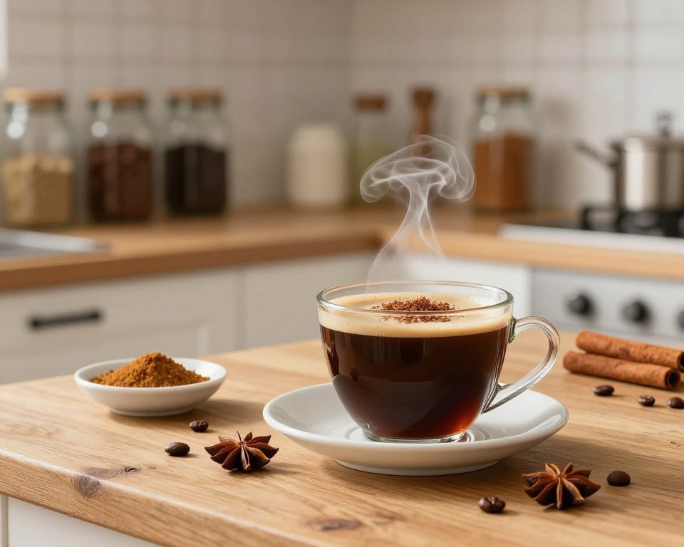 A warm, inviting scene showcasing a cup of spiced coffee, rich and dark, topped with a sprinkle of cinnamon and star anise. In the foreground, the steaming cup sits on a rustic wooden table, accented with whole star anise pods and a small dish of ground spices. The middle layer features a cozy kitchen setting, with warm, soft lighting illuminating the coffee, highlighting the rich textures of the beans and spices. In the background, blurred shelves lined with glass jars containing various spices and coffee beans, creating an intimate and homely atmosphere. The angle should be slightly tilted to emphasize the depth, inviting the viewer to feel the warmth of the brew. The overall mood is comforting, suggesting a perfect experience for a cold day. A warm, inviting scene showcasing a cup of spiced coffee, rich and dark, topped with a sprinkle of cinnamon and star anise. In the foreground, the steaming cup sits on a rustic wooden table, accented with whole star anise pods and a small dish of ground spices. The middle layer features a cozy kitchen setting, with warm, soft lighting illuminating the coffee, highlighting the rich textures of the beans and spices. In the background, blurred shelves lined with glass jars containing various spices and coffee beans, creating an intimate and homely atmosphere. The angle should be slightly tilted to emphasize the depth, inviting the viewer to feel the warmth of the brew. The overall mood is comforting, suggesting a perfect experience for a cold day.