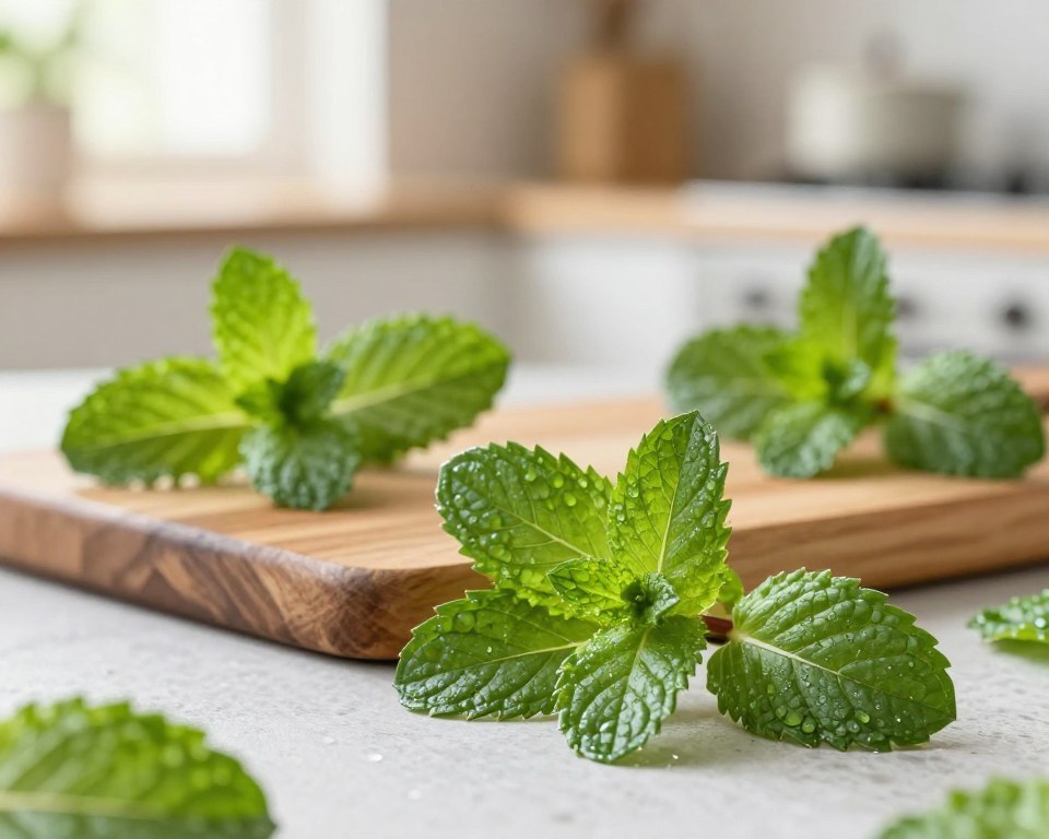 Fresh mint leaves, vibrant green and glistening with dew, arranged artistically in the foreground. Each leaf showcases its serrated edges and rich texture, with some leaves gently overlapping. In the middle, a rustic wooden cutting board adds a warm, natural tone, enhancing the freshness of the mint. In the background, softly blurred images of a sunlit kitchen with a hint of sunlight streaming through a window create a warm and inviting atmosphere. The image is captured using a shallow depth of field, allowing the mint to stand out sharply against the soft backdrop. The overall mood is refreshing and zesty, evoking the essence of bold flavors embodied in a mint mojito iced coffee. Fresh mint leaves, vibrant green and glistening with dew, arranged artistically in the foreground. Each leaf showcases its serrated edges and rich texture, with some leaves gently overlapping. In the middle, a rustic wooden cutting board adds a warm, natural tone, enhancing the freshness of the mint. In the background, softly blurred images of a sunlit kitchen with a hint of sunlight streaming through a window create a warm and inviting atmosphere. The image is captured using a shallow depth of field, allowing the mint to stand out sharply against the soft backdrop. The overall mood is refreshing and zesty, evoking the essence of bold flavors embodied in a mint mojito iced coffee.