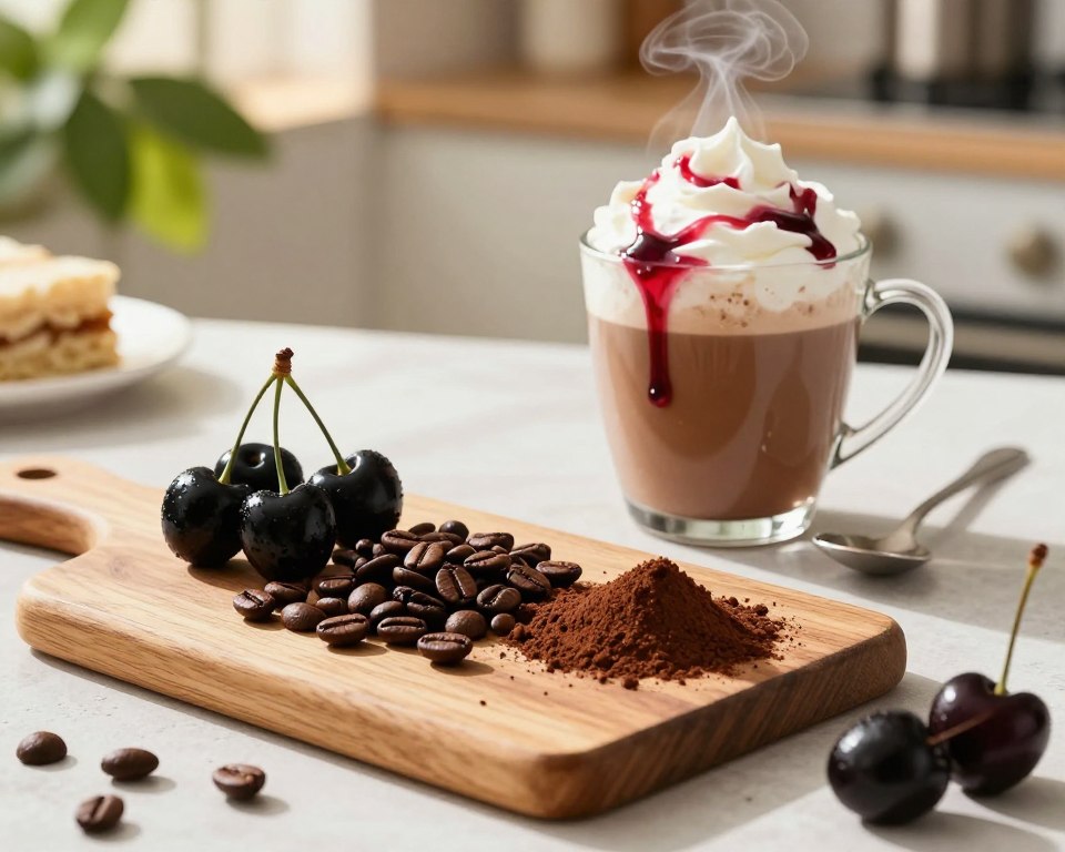 A beautifully arranged tabletop featuring the ingredients for a Black Cherry Mocha. In the foreground, a rustic wooden cutting board displays a pile of rich, dark roasted coffee beans, vibrant black cherries with glistening skins, and velvety cocoa powder. The middle ground includes a steaming cup of mocha topped with whipped cream, a drizzle of cherry syrup cascading down the sides, and an elegant spoon resting beside it. In the background, softly blurred, hints of lush green foliage and a sunlit kitchen setting create a warm and inviting atmosphere. The lighting is warm and natural, reminiscent of golden hour, casting gentle shadows that enhance the textures of the ingredients. Capture this scene with a slightly elevated angle to give depth and focus on the ingredients. A beautifully arranged tabletop featuring the ingredients for a Black Cherry Mocha. In the foreground, a rustic wooden cutting board displays a pile of rich, dark roasted coffee beans, vibrant black cherries with glistening skins, and velvety cocoa powder. The middle ground includes a steaming cup of mocha topped with whipped cream, a drizzle of cherry syrup cascading down the sides, and an elegant spoon resting beside it. In the background, softly blurred, hints of lush green foliage and a sunlit kitchen setting create a warm and inviting atmosphere. The lighting is warm and natural, reminiscent of golden hour, casting gentle shadows that enhance the textures of the ingredients. Capture this scene with a slightly elevated angle to give depth and focus on the ingredients.