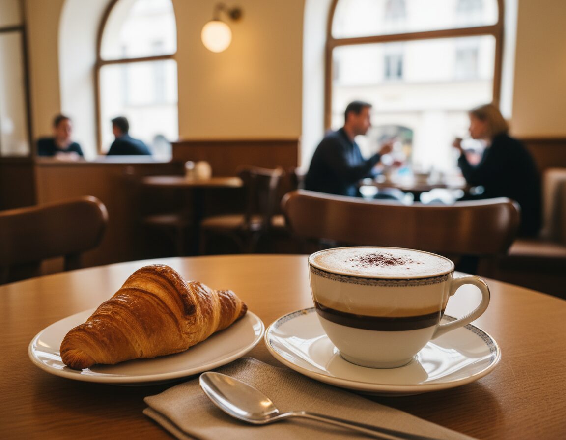 A beautifully composed image of a traditional Wiener Melange coffee drink placed prominently in the foreground. The cup, made of fine porcelain, features a delicate design and is filled with layers of rich espresso, steamed milk, and a frothy top, sprinkled with cocoa powder. Next to the cup, a small plate holds a buttery croissant. In the middle ground, there are subtle hints of a cozy Viennese café, showcasing warm wooden furniture and soft, inviting lighting that casts a gentle glow on the scene. The background displays blurred silhouettes of patrons enjoying their drinks, framed by large windows that let in soft afternoon light. The overall mood exudes warmth and comfort, inviting viewers to experience the essence of a mixed Viennese coffee. A beautifully composed image of a traditional Wiener Melange coffee drink placed prominently in the foreground. The cup, made of fine porcelain, features a delicate design and is filled with layers of rich espresso, steamed milk, and a frothy top, sprinkled with cocoa powder. Next to the cup, a small plate holds a buttery croissant. In the middle ground, there are subtle hints of a cozy Viennese café, showcasing warm wooden furniture and soft, inviting lighting that casts a gentle glow on the scene. The background displays blurred silhouettes of patrons enjoying their drinks, framed by large windows that let in soft afternoon light. The overall mood exudes warmth and comfort, inviting viewers to experience the essence of a mixed Viennese coffee.