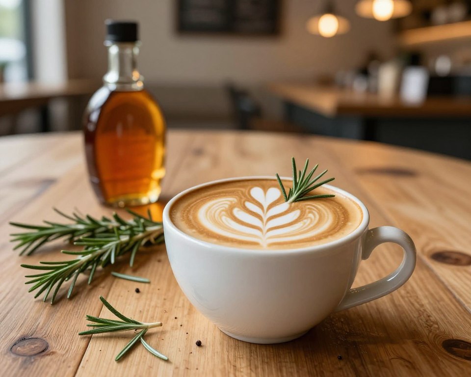 A beautifully crafted rosemary coffee latte served in an elegant ceramic cup, foreground showcasing delicate latte art resembling intertwining rosemary sprigs. The middle ground features a rustic wooden table with scattered smokey rosemary leaves and a small glass bottle of maple syrup, casting a warm golden hue. The background is softly blurred, hinting at a cozy café setting with warm lighting emanating from pendant lamps, creating a comforting atmosphere. The overall mood is inviting and aromatic, emphasizing the unique combination of savory smoked rosemary and sweet maple tones. The camera angle is slightly above the table, providing a clear view of the latte and its surroundings without any distractions. A beautifully crafted rosemary coffee latte served in an elegant ceramic cup, foreground showcasing delicate latte art resembling intertwining rosemary sprigs. The middle ground features a rustic wooden table with scattered smokey rosemary leaves and a small glass bottle of maple syrup, casting a warm golden hue. The background is softly blurred, hinting at a cozy café setting with warm lighting emanating from pendant lamps, creating a comforting atmosphere. The overall mood is inviting and aromatic, emphasizing the unique combination of savory smoked rosemary and sweet maple tones. The camera angle is slightly above the table, providing a clear view of the latte and its surroundings without any distractions.