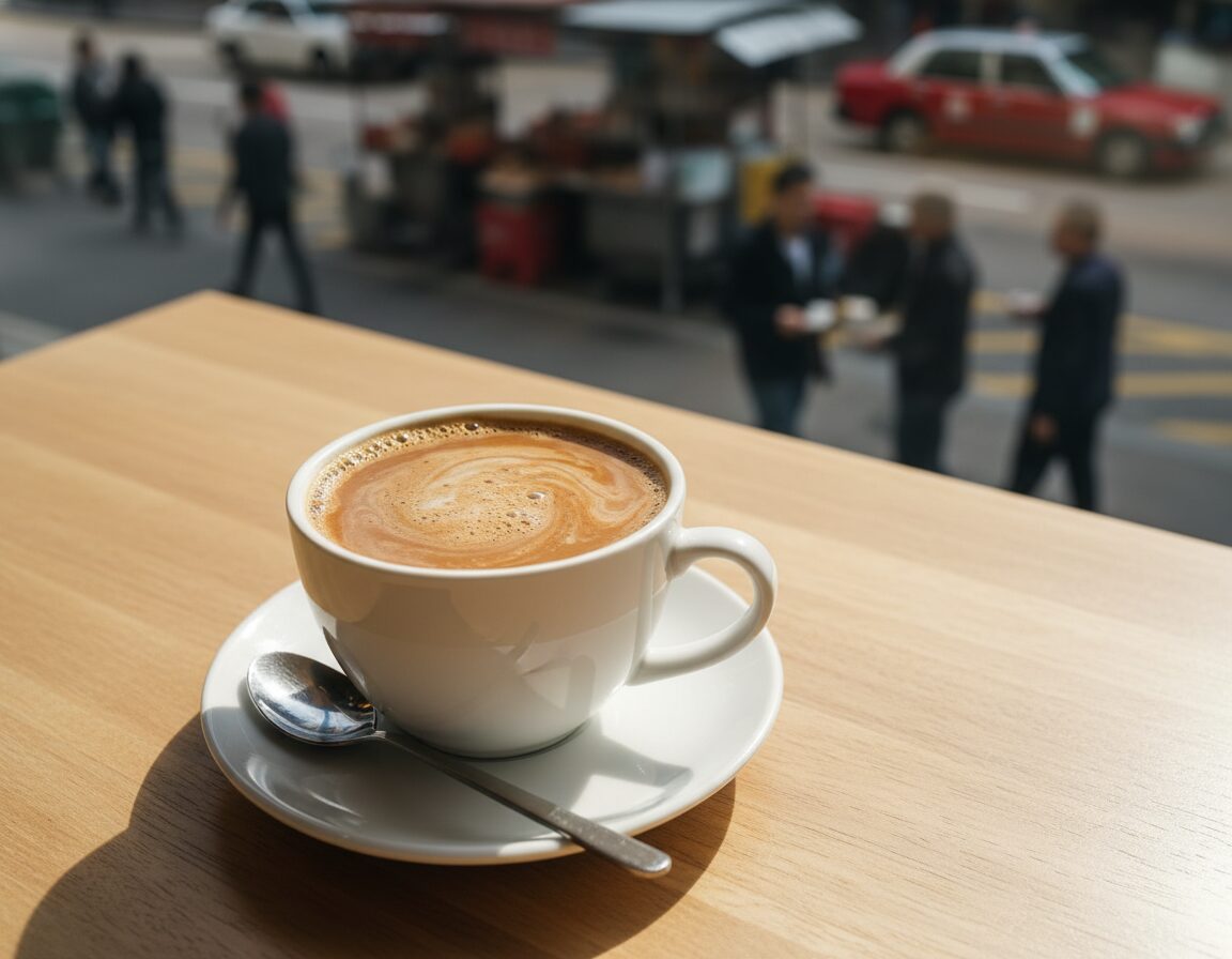 A beautifully styled cup of Hong Kong yuanyang coffee milk tea sits elegantly on a wooden table, surrounded by a delicate white porcelain saucer and a small teaspoon. The cup is filled with a swirling blend of strong brewed coffee and creamy milk tea, exhibiting rich, warm tones of caramel and beige. Soft morning light streams in from a nearby window, creating a warm glow and casting soft shadows. In the background, a subtle hint of a bustling street in Hong Kong can be seen, with blurred figures enjoying their own drinks, conveying the vibrant culture. The atmosphere is cozy and inviting, perfect for viewing this beloved local beverage. Use a shallow depth of field to focus on the cup, ensuring a sense of intimacy while the city breathes life around it. A beautifully styled cup of Hong Kong yuanyang coffee milk tea sits elegantly on a wooden table, surrounded by a delicate white porcelain saucer and a small teaspoon. The cup is filled with a swirling blend of strong brewed coffee and creamy milk tea, exhibiting rich, warm tones of caramel and beige. Soft morning light streams in from a nearby window, creating a warm glow and casting soft shadows. In the background, a subtle hint of a bustling street in Hong Kong can be seen, with blurred figures enjoying their own drinks, conveying the vibrant culture. The atmosphere is cozy and inviting, perfect for viewing this beloved local beverage. Use a shallow depth of field to focus on the cup, ensuring a sense of intimacy while the city breathes life around it.