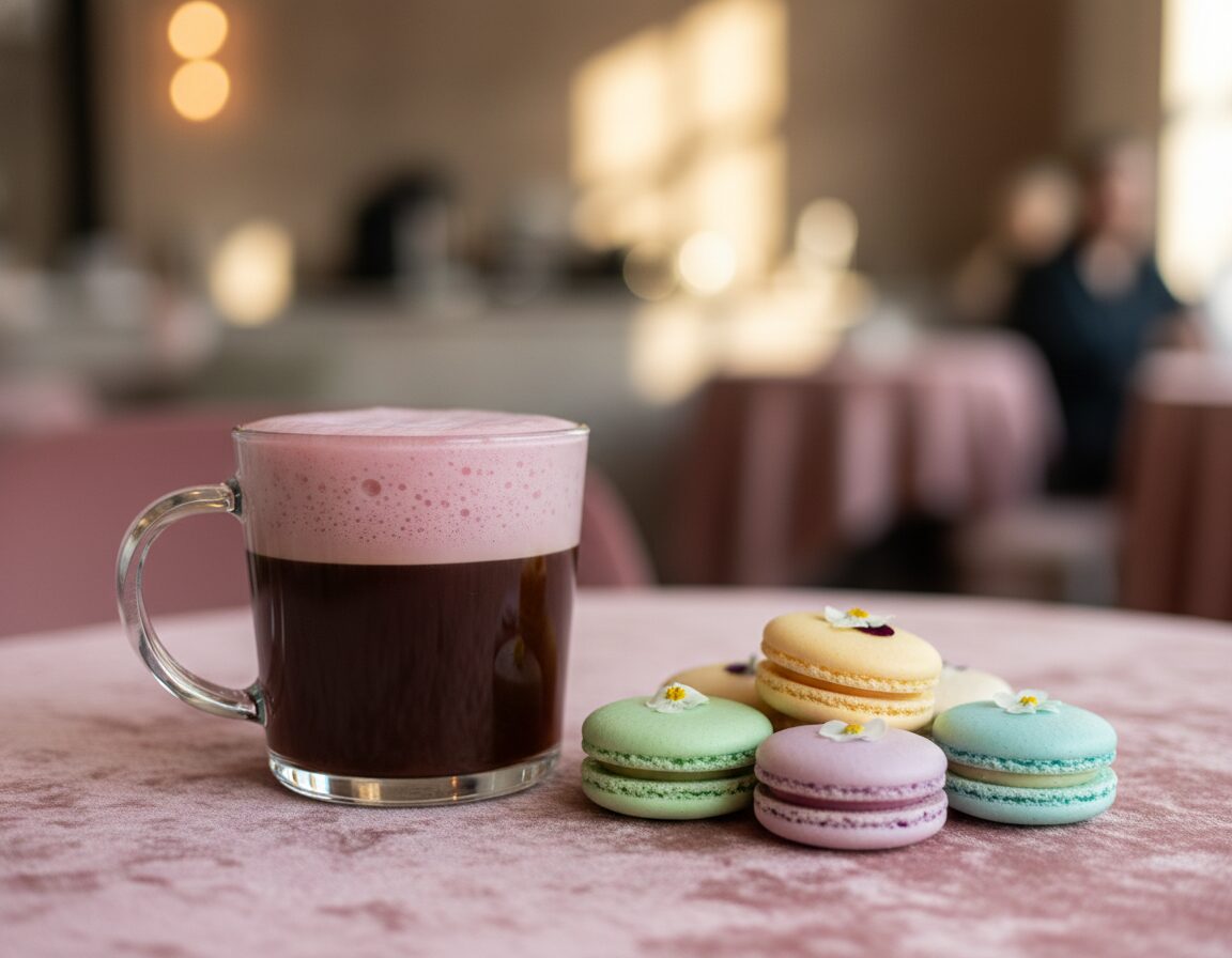 A close-up image of a pink velvet macchiato in a delicate, transparent glass mug, with layers of creamy foam and a velvety pink hue contrasted against a rich espresso base. The foreground features a soft, plush pink velvet tablecloth, enhancing the drink's luxurious appearance. In the middle, delicate macaron pastries in pastel colors are artfully arranged next to the mug, adorned with small edible flowers. The background showcases a softly blurred café setting with warm, ambient lighting that creates a cozy atmosphere. Use a shallow depth of field to emphasize the macchiato, capturing its creamy texture and inviting colors while ensuring a smooth focus on the drinks and pastries. The overall mood should evoke a dreamy, indulgent café experience. A close-up image of a pink velvet macchiato in a delicate, transparent glass mug, with layers of creamy foam and a velvety pink hue contrasted against a rich espresso base. The foreground features a soft, plush pink velvet tablecloth, enhancing the drink's luxurious appearance. In the middle, delicate macaron pastries in pastel colors are artfully arranged next to the mug, adorned with small edible flowers. The background showcases a softly blurred café setting with warm, ambient lighting that creates a cozy atmosphere. Use a shallow depth of field to emphasize the macchiato, capturing its creamy texture and inviting colors while ensuring a smooth focus on the drinks and pastries. The overall mood should evoke a dreamy, indulgent café experience.
