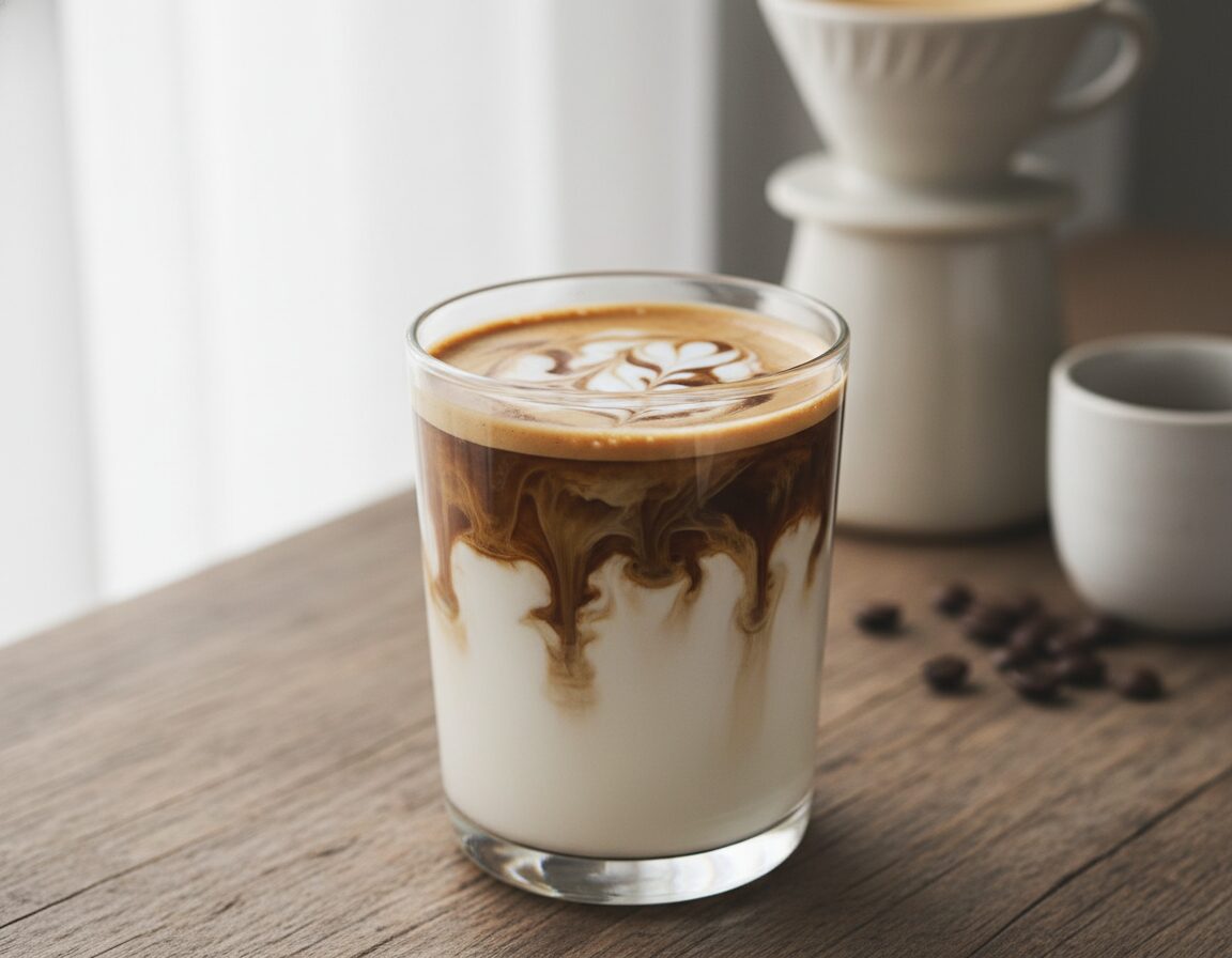 A close-up shot of a glass filled with creamy milk, elegantly swirled with rich espresso stains, creating a beautiful marble effect. The milk is frothy, with intricate patterns formed by the dark espresso leaving trails of deep brown merging into the white surface. The background is softly blurred, featuring a rustic wooden table that adds warmth and a cozy atmosphere to the scene. Soft, natural light pours in from the side, highlighting the velvety texture of the milk and the glossy finish of the espresso stains. The image should evoke a sense of artisanal coffee preparation, inviting and serene, perfect for coffee enthusiasts seeking to appreciate the nuances of their beverage choices. Use a shallow depth of field to emphasize the foreground details while keeping the background out of focus.