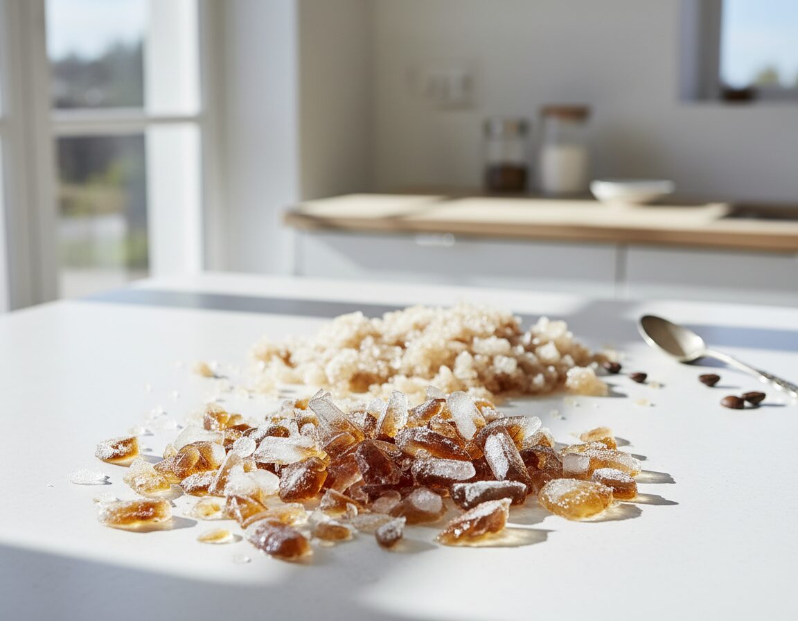 A close-up view of beautifully formed ice crystals resembling a coffee granita, showcasing their intricate shapes and textures. The foreground highlights glistening, transparent crystals with subtle amber and brown hues reflecting the coffee essence. In the middle ground, softly crushed ice enhances the visual appeal, while the background features a blurred, minimalist kitchen setting with soft, natural lighting filtering through a window, casting gentle shadows. The mood is refreshing and inviting, evoking a sense of coolness and delight. The image captures the unique structure of the crystals, illustrating their frosty allure and contrasting with the smooth textures in the surrounding elements. The angle is slightly top-down, adding depth to the scene and highlighting the intricate patterns of the ice. A close-up view of beautifully formed ice crystals resembling a coffee granita, showcasing their intricate shapes and textures. The foreground highlights glistening, transparent crystals with subtle amber and brown hues reflecting the coffee essence. In the middle ground, softly crushed ice enhances the visual appeal, while the background features a blurred, minimalist kitchen setting with soft, natural lighting filtering through a window, casting gentle shadows. The mood is refreshing and inviting, evoking a sense of coolness and delight. The image captures the unique structure of the crystals, illustrating their frosty allure and contrasting with the smooth textures in the surrounding elements. The angle is slightly top-down, adding depth to the scene and highlighting the intricate patterns of the ice.