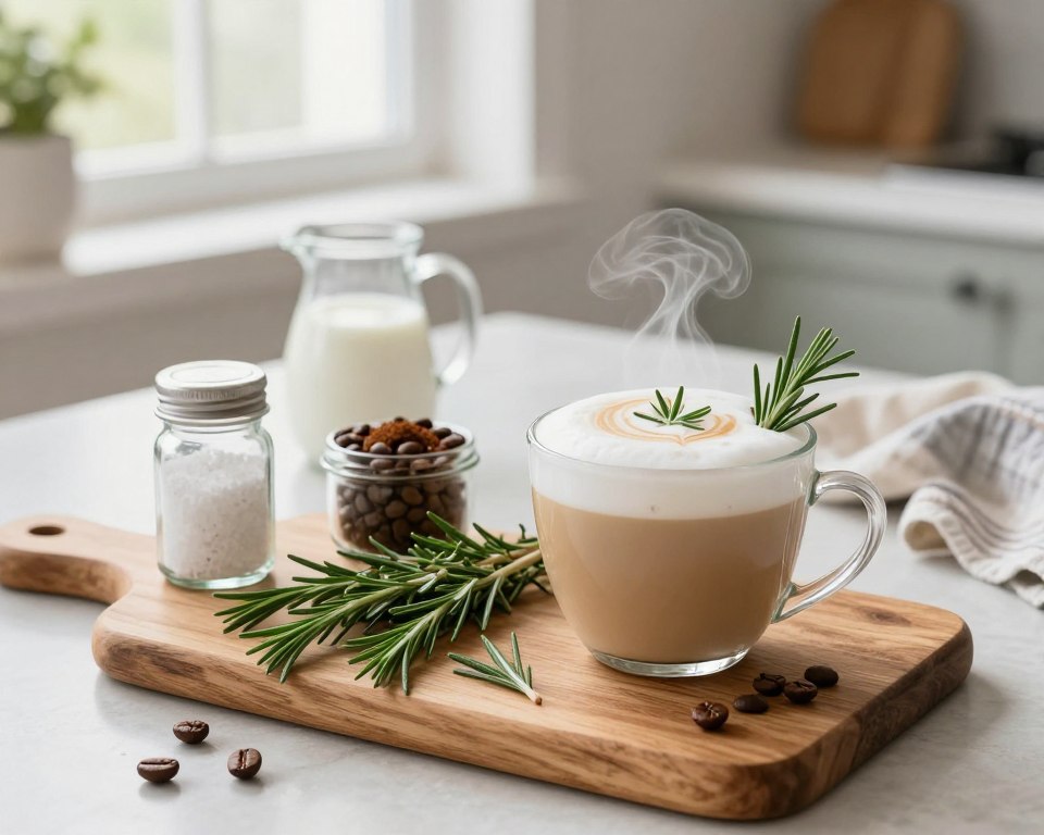 A cozy kitchen countertop scene featuring the ingredients for a Smoked Rosemary Latte. In the foreground, a rustic wooden board holds fresh sprigs of green rosemary, a small jar of smoked sea salt, and a container of finely-ground coffee beans. A steaming cup of latte, artfully topped with creamy froth and a hint of rosemary leaves, sits prominently beside the ingredients. In the middle ground, scattered coffee beans and a small milk pitcher add to the preparation atmosphere, while a soft kitchen towel rests nearby. In the background, softly blurred natural light filters through a window, creating warm, inviting tones that evoke a sense of comfort and culinary creativity. A cozy kitchen countertop scene featuring the ingredients for a Smoked Rosemary Latte. In the foreground, a rustic wooden board holds fresh sprigs of green rosemary, a small jar of smoked sea salt, and a container of finely-ground coffee beans. A steaming cup of latte, artfully topped with creamy froth and a hint of rosemary leaves, sits prominently beside the ingredients. In the middle ground, scattered coffee beans and a small milk pitcher add to the preparation atmosphere, while a soft kitchen towel rests nearby. In the background, softly blurred natural light filters through a window, creating warm, inviting tones that evoke a sense of comfort and culinary creativity.