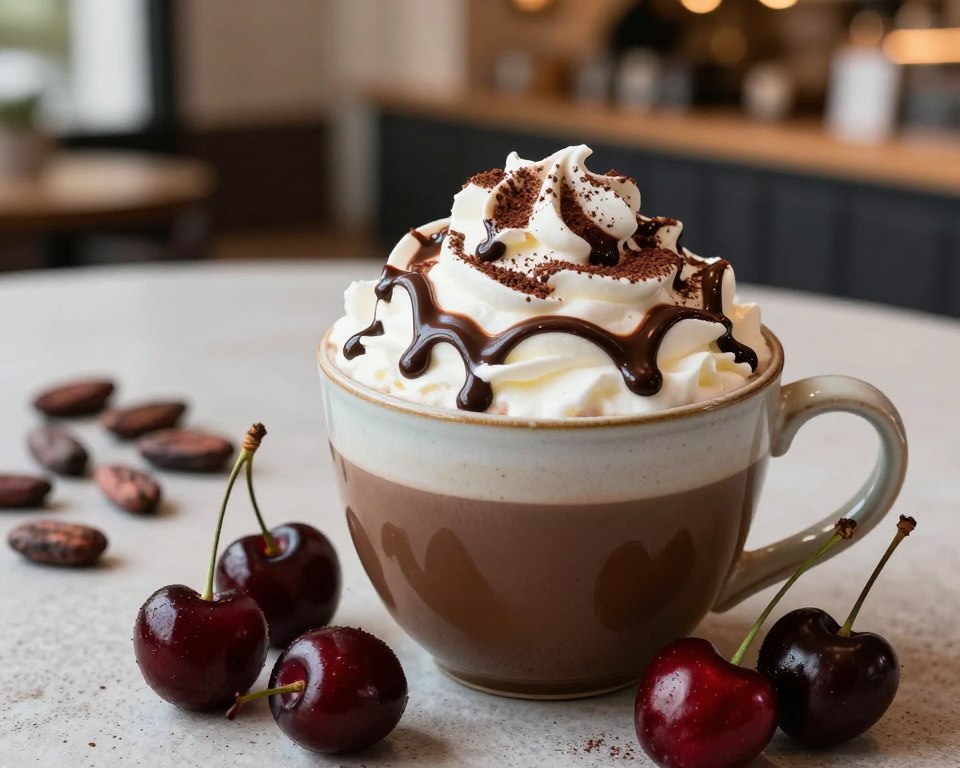 A rich black cherry mocha sits elegantly in a ceramic cup, topped with a swirl of frothy whipped cream and drizzled with velvety chocolate sauce, accentuated by a sprinkle of dark cocoa. The foreground features glistening dark cherries resting beside the cup, with deep red hues that contrast beautifully against the warm tones of the mocha. In the middle ground, a subtle coffee-dusted surface provides a textured backdrop, while a scattering of raw cocoa beans adds depth. The background is softly blurred, revealing hints of a cozy café setting with warm, ambient lighting that creates an inviting atmosphere. Capture this composition with a slight top-down angle to highlight the cherry mocha's sumptuous details, evoking a decadent and fruity experience. A rich black cherry mocha sits elegantly in a ceramic cup, topped with a swirl of frothy whipped cream and drizzled with velvety chocolate sauce, accentuated by a sprinkle of dark cocoa. The foreground features glistening dark cherries resting beside the cup, with deep red hues that contrast beautifully against the warm tones of the mocha. In the middle ground, a subtle coffee-dusted surface provides a textured backdrop, while a scattering of raw cocoa beans adds depth. The background is softly blurred, revealing hints of a cozy café setting with warm, ambient lighting that creates an inviting atmosphere. Capture this composition with a slight top-down angle to highlight the cherry mocha's sumptuous details, evoking a decadent and fruity experience.