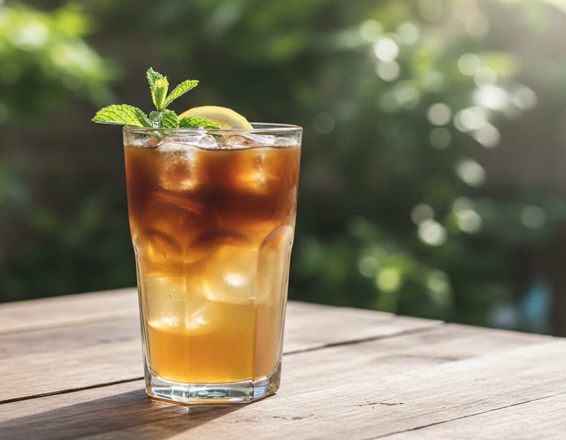 A refreshing glass of iced coffee lemonade sits prominently in the foreground, filled to the brim with a vibrant blend of golden lemonade and dark, cold brewed coffee, complete with ice cubes glistening in the sunlight. A lemon slice and fresh mint sprig garnish the rim, emphasizing its zesty appeal. In the middle ground, a rustic wooden table adds warmth, with droplets of condensation forming on the glass, suggesting a hot summer day. The background features a subtle blurred garden scene, with dappled sunlight filtering through leafy green trees, creating a tranquil and inviting atmosphere. Capture the image with soft natural lighting, evoking a relaxed and refreshing mood, with a focus on the enticing drink to highlight the perfect blend of flavors without distractions. A refreshing glass of iced coffee lemonade sits prominently in the foreground, filled to the brim with a vibrant blend of golden lemonade and dark, cold brewed coffee, complete with ice cubes glistening in the sunlight. A lemon slice and fresh mint sprig garnish the rim, emphasizing its zesty appeal. In the middle ground, a rustic wooden table adds warmth, with droplets of condensation forming on the glass, suggesting a hot summer day. The background features a subtle blurred garden scene, with dappled sunlight filtering through leafy green trees, creating a tranquil and inviting atmosphere. Capture the image with soft natural lighting, evoking a relaxed and refreshing mood, with a focus on the enticing drink to highlight the perfect blend of flavors without distractions.