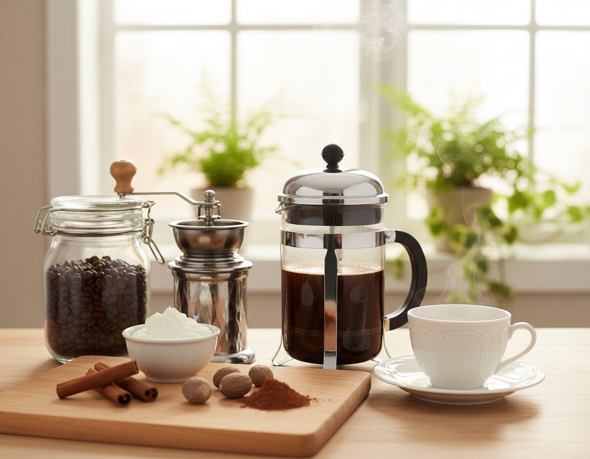 A beautifully arranged kitchen countertop showcasing various coffee ingredients. In the foreground, a wooden cutting board features vibrant spices like cinnamon sticks, nutmeg, and cocoa powder alongside a small bowl of whipped cream. A glass jar filled with roasted coffee beans sits next to a vintage coffee grinder. In the middle, an elegant French press brews coffee with steam rising, while a delicate porcelain cup awaits. The background displays a sunlit window with green plants, creating a fresh atmosphere. Soft, warm lighting enhances the inviting mood, with a shallow depth of field focusing on the coffee setup, adding a touch of warmth and richness to the overall scene.