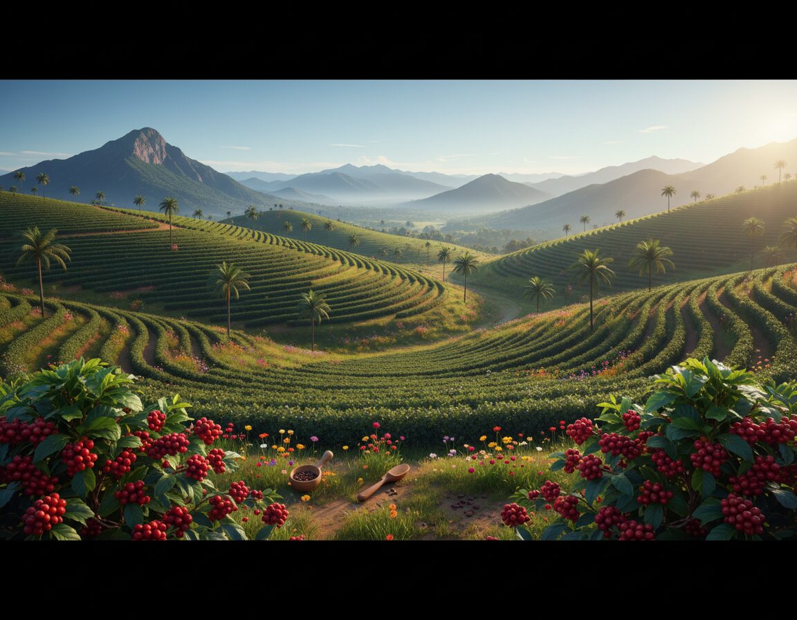 A breathtaking coffee terroir landscape, showcasing lush green coffee plantations sprawled across rolling hills under a bright blue sky. In the foreground, tall coffee plants with ripe cherries glistening in the sunlight, embodying the rich biodiversity of the region. The middle ground features terraced fields cascading down the slope, interspersed with vibrant wildflowers and occasional shaded areas from tall palm trees. In the background, majestic mountains rise, partly shrouded in mist, creating a serene and inviting atmosphere. Warm, golden hour lighting envelops the scene, enhancing the deep greens and earthy browns of the landscape. The mood is tranquil and rich with the promise of coffee cultivation, evoking a sense of exploration and connection to nature. A breathtaking coffee terroir landscape, showcasing lush green coffee plantations sprawled across rolling hills under a bright blue sky. In the foreground, tall coffee plants with ripe cherries glistening in the sunlight, embodying the rich biodiversity of the region. The middle ground features terraced fields cascading down the slope, interspersed with vibrant wildflowers and occasional shaded areas from tall palm trees. In the background, majestic mountains rise, partly shrouded in mist, creating a serene and inviting atmosphere. Warm, golden hour lighting envelops the scene, enhancing the deep greens and earthy browns of the landscape. The mood is tranquil and rich with the promise of coffee cultivation, evoking a sense of exploration and connection to nature.