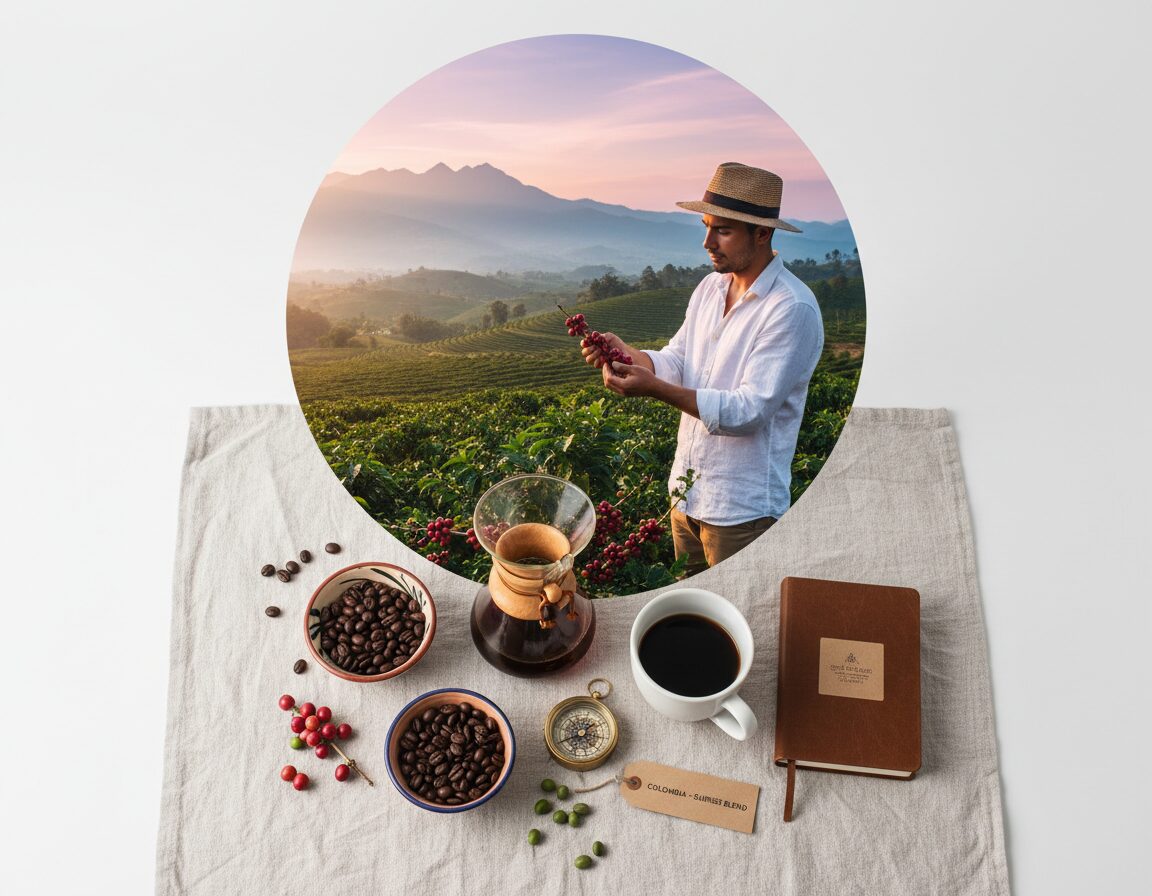 A captivating scene of a personal coffee journey, showcasing a serene coffee plantation in Colombia at sunrise. In the foreground, a coffee enthusiast, dressed in modest casual clothing, gently inspecting ripe coffee cherries on lush green bushes. In the middle ground, rolling hills filled with vibrant coffee plants stretch across the landscape, painted with golden rays of morning light. The background features a soft-focus view of majestic mountains under a pastel sky, hinting at the origin of the beans. The atmosphere is tranquil and inspiring, evoking a sense of adventure and discovery. Use a shallow depth of field to emphasize the lush textures of the coffee cherries and the viewer's intimate connection to the exploration of unique coffee origins. A captivating scene of a personal coffee journey, showcasing a serene coffee plantation in Colombia at sunrise. In the foreground, a coffee enthusiast, dressed in modest casual clothing, gently inspecting ripe coffee cherries on lush green bushes. In the middle ground, rolling hills filled with vibrant coffee plants stretch across the landscape, painted with golden rays of morning light. The background features a soft-focus view of majestic mountains under a pastel sky, hinting at the origin of the beans. The atmosphere is tranquil and inspiring, evoking a sense of adventure and discovery. Use a shallow depth of field to emphasize the lush textures of the coffee cherries and the viewer's intimate connection to the exploration of unique coffee origins.