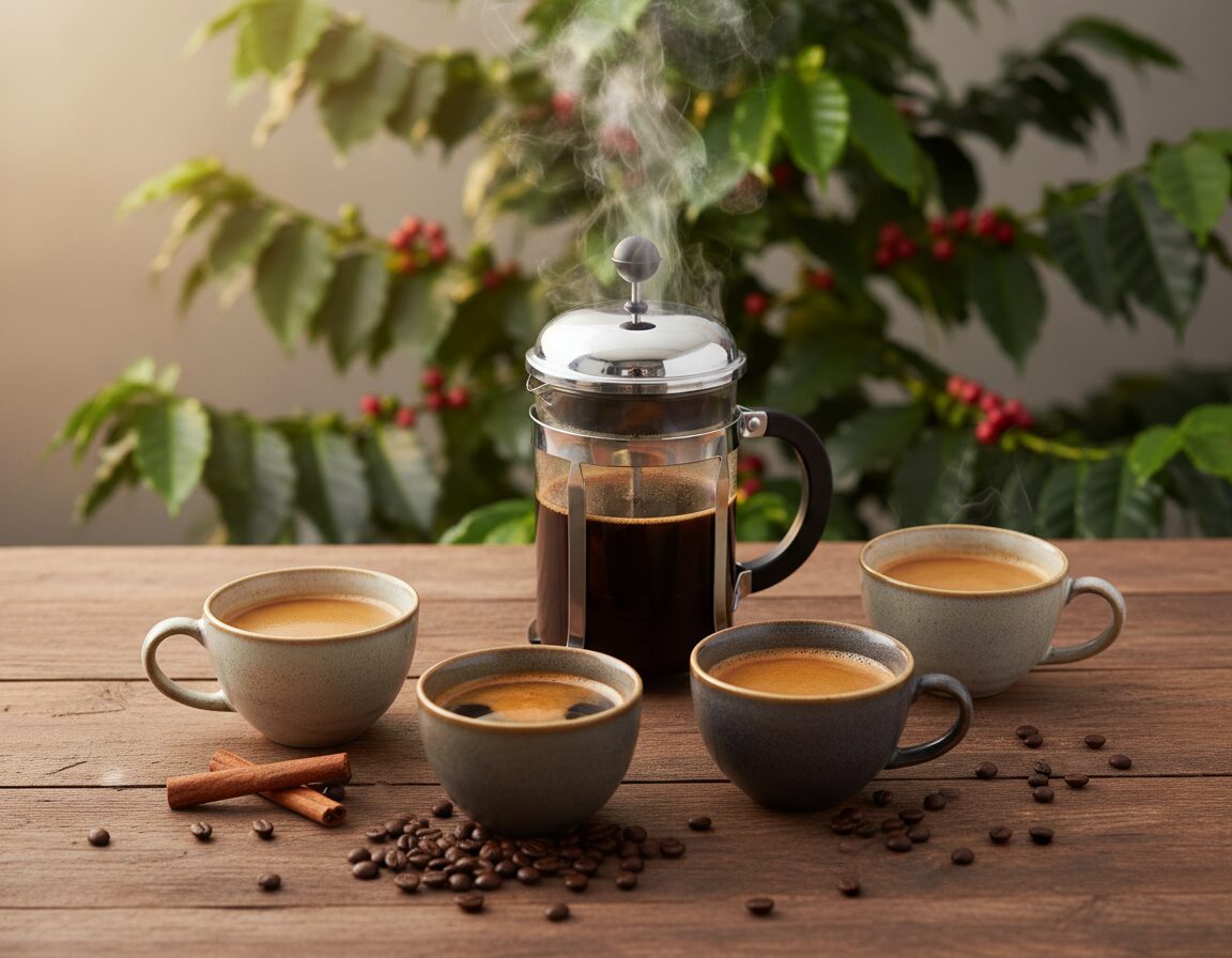 A close-up view of a rustic wooden table set for a coffee tasting experience. In the foreground, there are elegant ceramic cups filled with various coffee blends, showcasing different colors and textures of brewed coffee. Surrounding the cups are scattered coffee beans and a fresh cinnamon stick, enhancing the aroma. In the middle ground, a steaming French press brews coffee, with wisps of steam rising in the warm, golden light. The background features a softly blurred image of lush coffee plants, hinting at the origins of the flavors. The scene exudes a warm, inviting atmosphere, making the viewer feel as if they are embarking on a sensory journey through the world of coffee brewing. The image is softly illuminated, evoking a cozy and refined vibe. A close-up view of a rustic wooden table set for a coffee tasting experience. In the foreground, there are elegant ceramic cups filled with various coffee blends, showcasing different colors and textures of brewed coffee. Surrounding the cups are scattered coffee beans and a fresh cinnamon stick, enhancing the aroma. In the middle ground, a steaming French press brews coffee, with wisps of steam rising in the warm, golden light. The background features a softly blurred image of lush coffee plants, hinting at the origins of the flavors. The scene exudes a warm, inviting atmosphere, making the viewer feel as if they are embarking on a sensory journey through the world of coffee brewing. The image is softly illuminated, evoking a cozy and refined vibe.