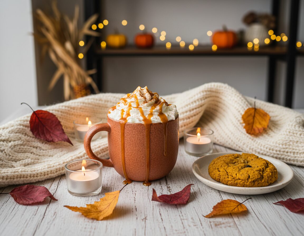 A cozy pumpkin caramel latte sits elegantly in a rustic ceramic mug, surrounded by autumn leaves and small, glowing candles that create a warm ambiance. The latte is topped with a frothy layer of whipped cream, drizzled generously with rich caramel sauce, and a sprinkle of cinnamon. A soft, knitted scarf drapes gently across the wooden table, enhancing the seasonal vibe. In the middle ground, a small plate with a homemade pumpkin spice cookie adds to the inviting atmosphere. The background features blurred hints of a warm, cozy café setting with wooden shelves adorned with autumn decorations, softly illuminated by warm, golden lighting. The overall mood is inviting and homely, perfect for a chilly fall day. A cozy pumpkin caramel latte sits elegantly in a rustic ceramic mug, surrounded by autumn leaves and small, glowing candles that create a warm ambiance. The latte is topped with a frothy layer of whipped cream, drizzled generously with rich caramel sauce, and a sprinkle of cinnamon. A soft, knitted scarf drapes gently across the wooden table, enhancing the seasonal vibe. In the middle ground, a small plate with a homemade pumpkin spice cookie adds to the inviting atmosphere. The background features blurred hints of a warm, cozy café setting with wooden shelves adorned with autumn decorations, softly illuminated by warm, golden lighting. The overall mood is inviting and homely, perfect for a chilly fall day.