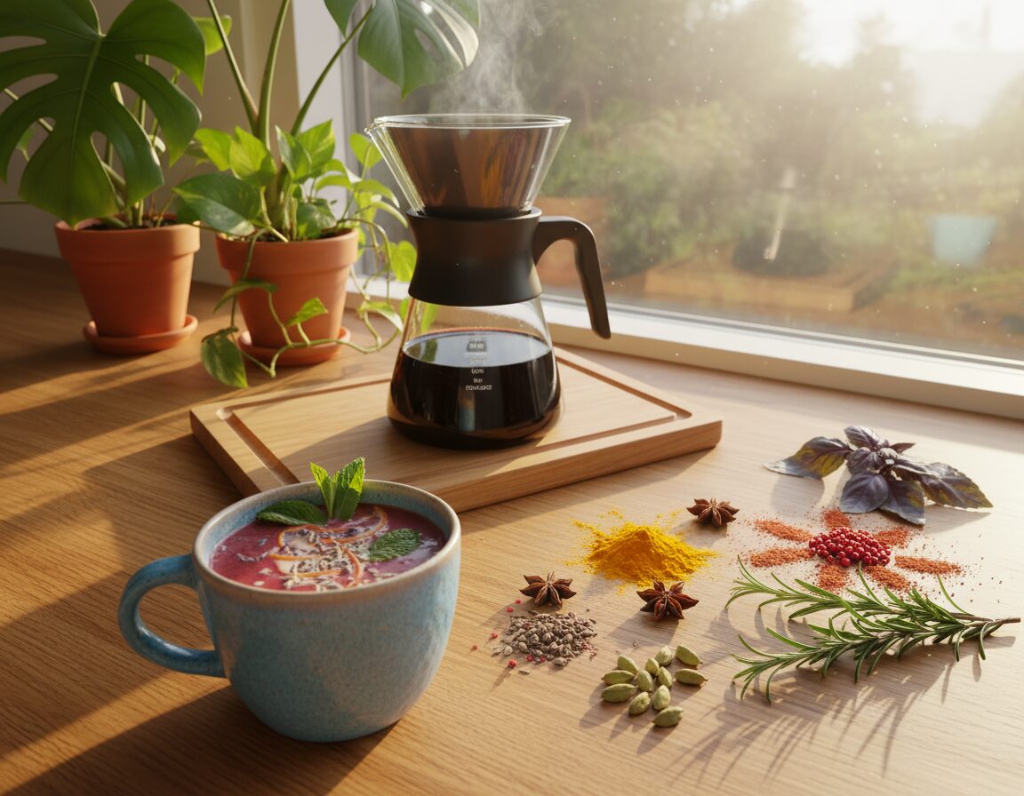 A cozy, sunlit kitchen showcasing a modern morning coffee routine reimagined. In the foreground, a beautifully crafted ceramic coffee cup filled with a unique, vibrant coffee blend featuring unexpected flavors like lavender and citrus. Next to it, an assortment of colorful spices and fresh herbs artistically arranged, hinting at innovative brewing techniques. In the middle ground, a sleek coffee maker with a glass carafe, steam curling upwards, against a backdrop of lush green plants and warm wooden textures. The background features soft, natural light filtering through a window, casting a gentle glow. The atmosphere is inviting and inspiring, evoking a sense of creativity and transformation in the daily coffee ritual, captured from a slightly tilted angle to emphasize depth and warmth. A cozy, sunlit kitchen showcasing a modern morning coffee routine reimagined. In the foreground, a beautifully crafted ceramic coffee cup filled with a unique, vibrant coffee blend featuring unexpected flavors like lavender and citrus. Next to it, an assortment of colorful spices and fresh herbs artistically arranged, hinting at innovative brewing techniques. In the middle ground, a sleek coffee maker with a glass carafe, steam curling upwards, against a backdrop of lush green plants and warm wooden textures. The background features soft, natural light filtering through a window, casting a gentle glow. The atmosphere is inviting and inspiring, evoking a sense of creativity and transformation in the daily coffee ritual, captured from a slightly tilted angle to emphasize depth and warmth.