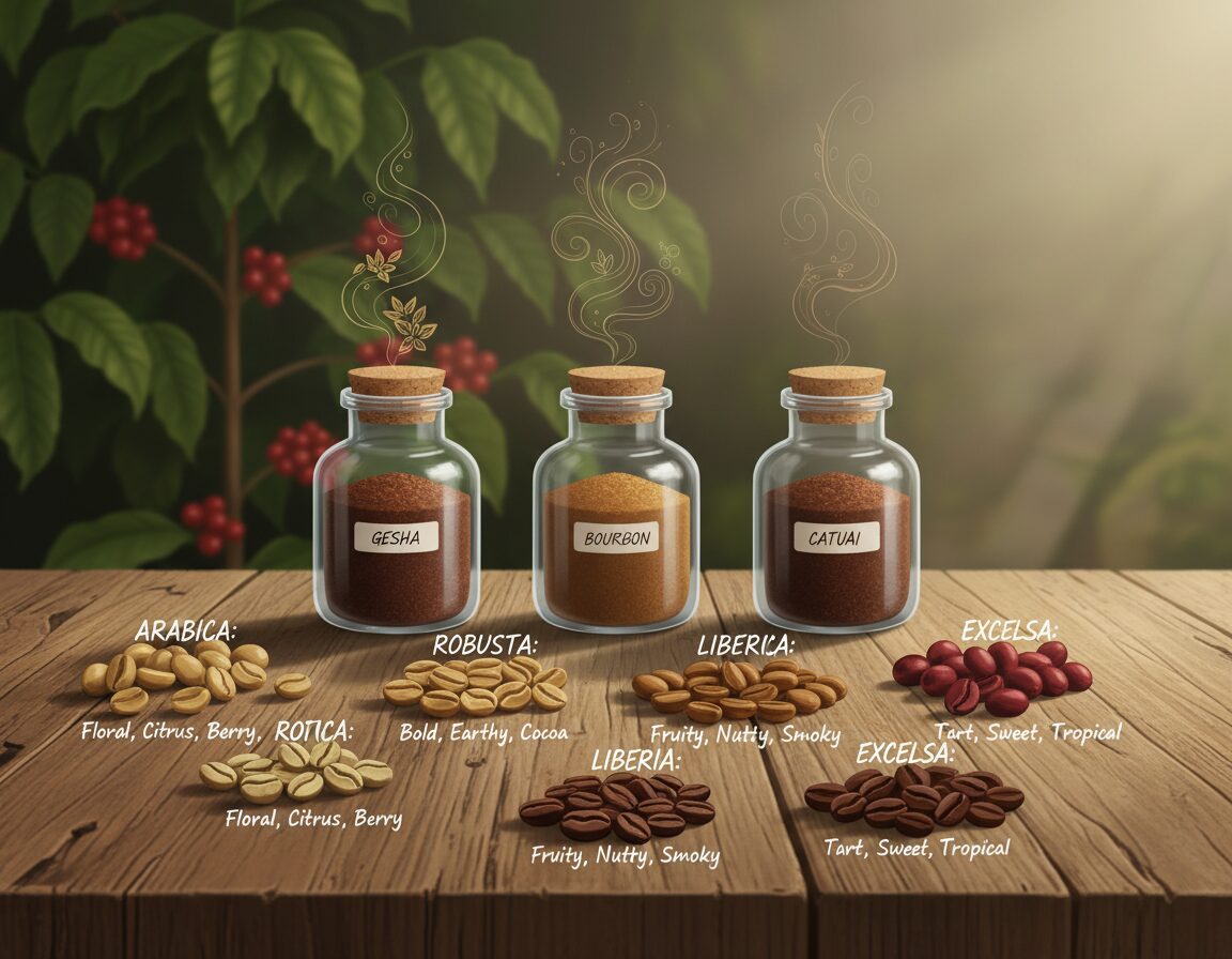 A visually appealing illustration of diverse coffee species flavor profiles, arranged elegantly on a rustic wooden table. In the foreground, showcase several coffee beans of various colors and shapes, labeled with their unique flavor notes. The middle ground should feature artistic glass jars filled with ground coffee from distinct varietals, each emanating a subtle aroma. The background can depict blurred coffee plants with lush green leaves and bright red cherries, symbolizing their origin. Soft, warm lighting casts gentle shadows, enhancing the texture of the coffee beans and jars, while a shallow depth of field draws focus to the flavors. The overall mood is inviting and rich, echoing the diversity of coffee experiences. A visually appealing illustration of diverse coffee species flavor profiles, arranged elegantly on a rustic wooden table. In the foreground, showcase several coffee beans of various colors and shapes, labeled with their unique flavor notes. The middle ground should feature artistic glass jars filled with ground coffee from distinct varietals, each emanating a subtle aroma. The background can depict blurred coffee plants with lush green leaves and bright red cherries, symbolizing their origin. Soft, warm lighting casts gentle shadows, enhancing the texture of the coffee beans and jars, while a shallow depth of field draws focus to the flavors. The overall mood is inviting and rich, echoing the diversity of coffee experiences.
