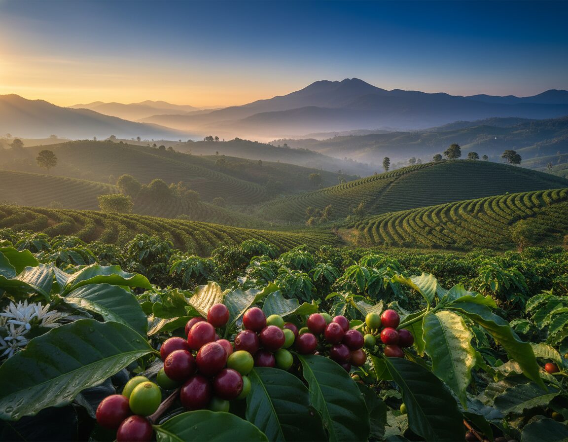 A wide panorama of coffee belt regions, showcasing lush, rolling hills covered in vibrant coffee plants. In the foreground, a close-up view of glossy coffee cherries in rich shades of red and green, nestled among dark green leaves. The middle ground reveals rows of coffee plants stretching across the hillsides, set against a backdrop of misty mountains under a golden sunrise, casting warm light over the landscape. The sky transitions from deep blue to soft orange, reflecting the freshness of dawn. The atmosphere is tranquil and organic, inviting the viewer to explore the colorful origins of coffee. Use a shallow depth of field to emphasize the foreground coffee cherries, with soft, diffused lighting to enhance the natural textures of the leaves and landscape. A wide panorama of coffee belt regions, showcasing lush, rolling hills covered in vibrant coffee plants. In the foreground, a close-up view of glossy coffee cherries in rich shades of red and green, nestled among dark green leaves. The middle ground reveals rows of coffee plants stretching across the hillsides, set against a backdrop of misty mountains under a golden sunrise, casting warm light over the landscape. The sky transitions from deep blue to soft orange, reflecting the freshness of dawn. The atmosphere is tranquil and organic, inviting the viewer to explore the colorful origins of coffee. Use a shallow depth of field to emphasize the foreground coffee cherries, with soft, diffused lighting to enhance the natural textures of the leaves and landscape.