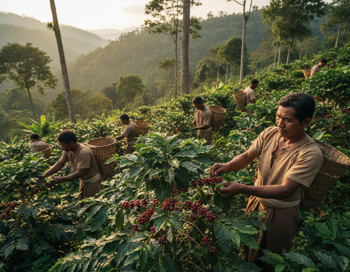 Ancient coffee growing practices are depicted in a lush, green hillside setting, where indigenous farmers skillfully harvest coffee cherries. In the foreground, a farmer in modest, traditional clothing carefully picks ripe cherries from a bush laden with red berries. The middle ground reveals more growers working in harmony, surrounded by vibrant coffee plants adorned with glossy leaves. The background features rolling hills under soft, golden sunlight filtering through the treetops, creating dappled shadows on the ground. The atmosphere is serene and reverent, reflecting the deep-rooted connection between nature and indigenous farming culture. The image is captured from a slightly elevated angle, with a focus on the farmers' hands and the coffee plants, emphasizing the artistry in their ancient techniques. Ancient coffee growing practices are depicted in a lush, green hillside setting, where indigenous farmers skillfully harvest coffee cherries. In the foreground, a farmer in modest, traditional clothing carefully picks ripe cherries from a bush laden with red berries. The middle ground reveals more growers working in harmony, surrounded by vibrant coffee plants adorned with glossy leaves. The background features rolling hills under soft, golden sunlight filtering through the treetops, creating dappled shadows on the ground. The atmosphere is serene and reverent, reflecting the deep-rooted connection between nature and indigenous farming culture. The image is captured from a slightly elevated angle, with a focus on the farmers' hands and the coffee plants, emphasizing the artistry in their ancient techniques.